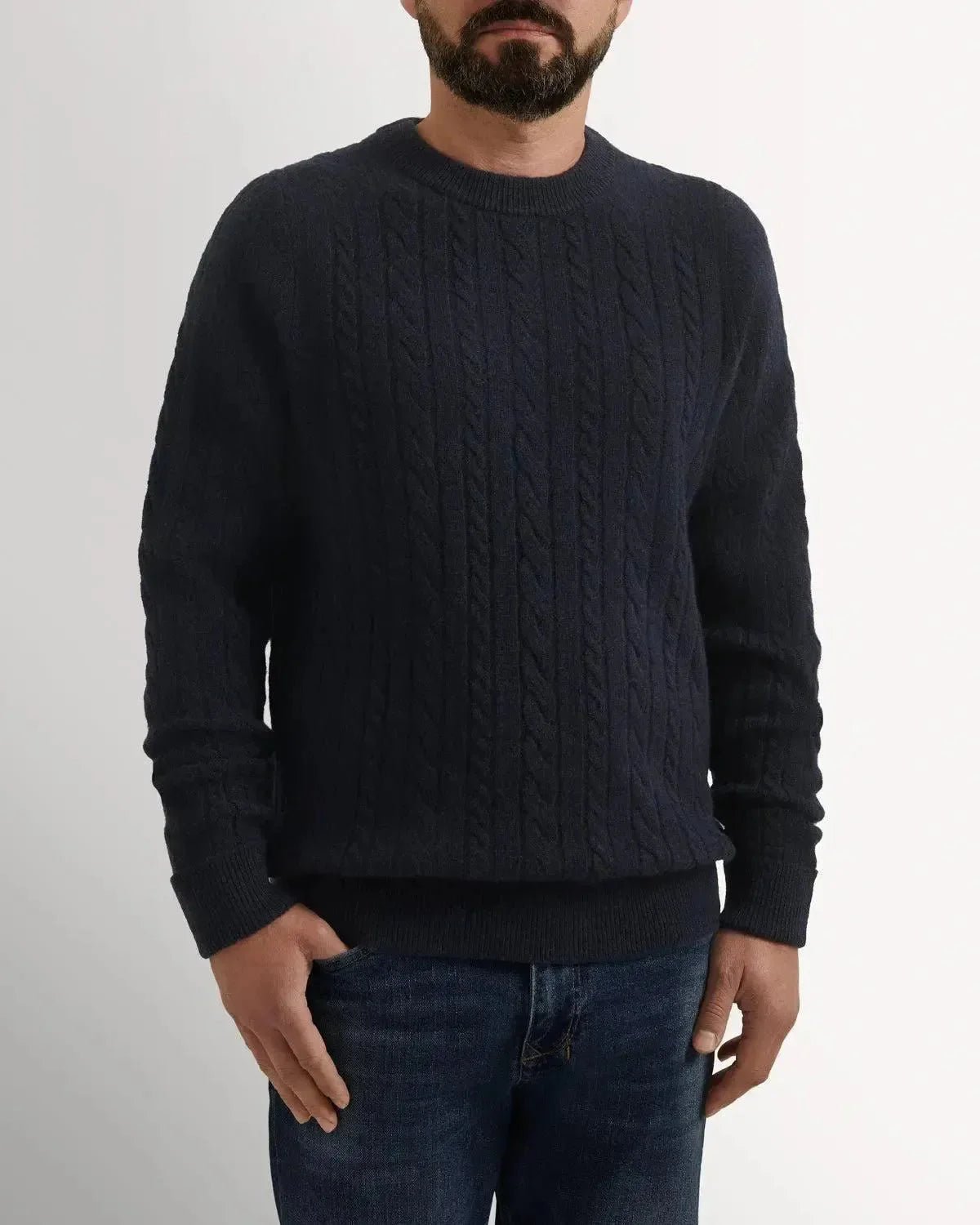 Bernard Weatherill Lambswool Crewneck Cable Knit Navy | Studio DOS