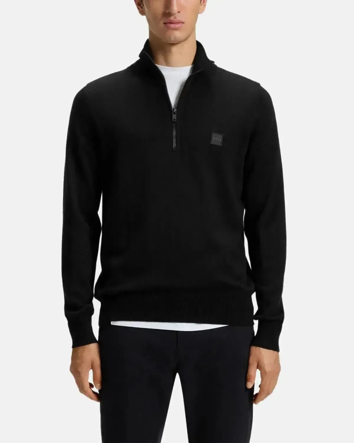 BOSS MENS KANOBIX 1/4 ZIP COTTON CASHMERE KNIT BLACK | Studio DOS