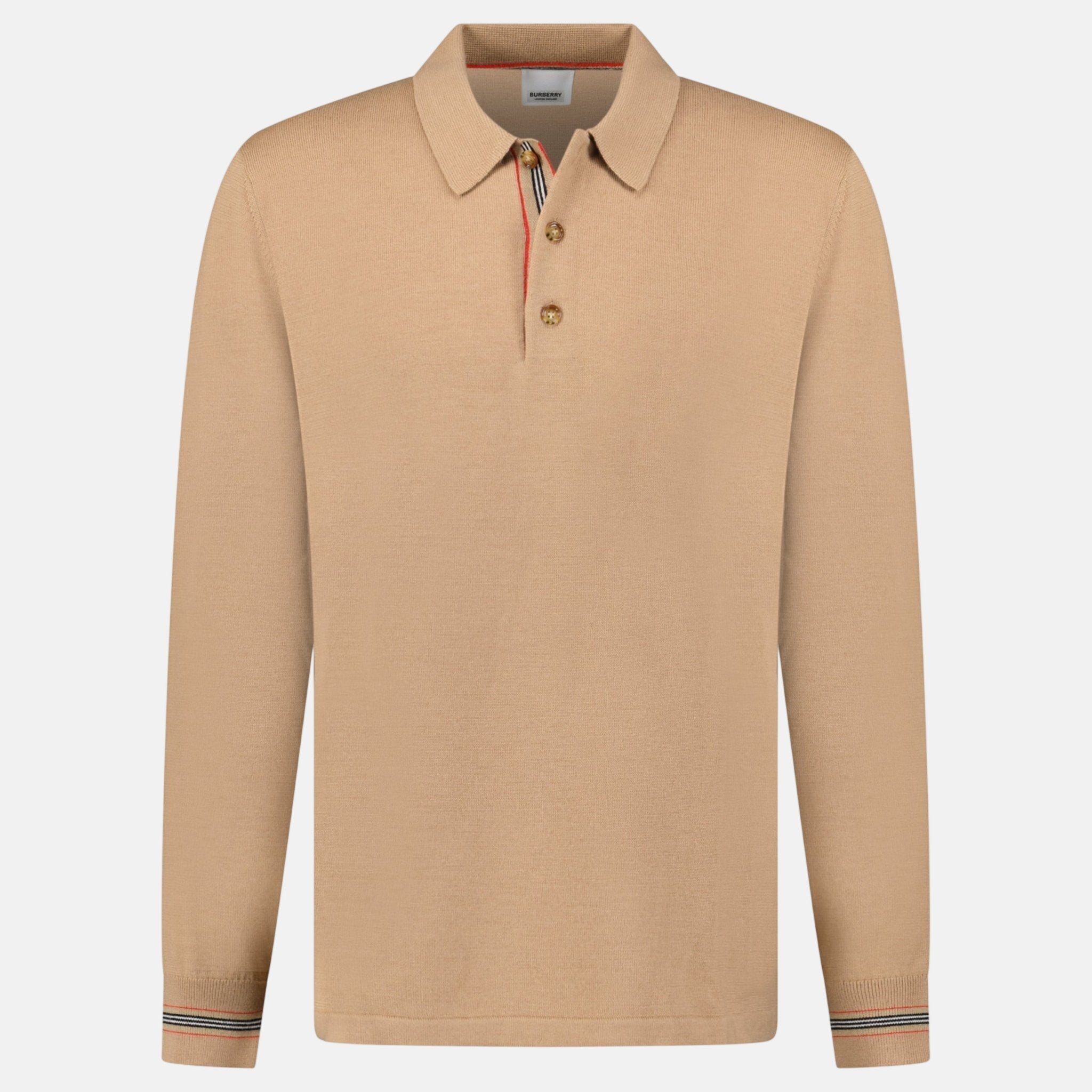 Burberry 'Pace' Signature Stripe Long Sleeved Wool Polo Shirt Camel | Studio DOS