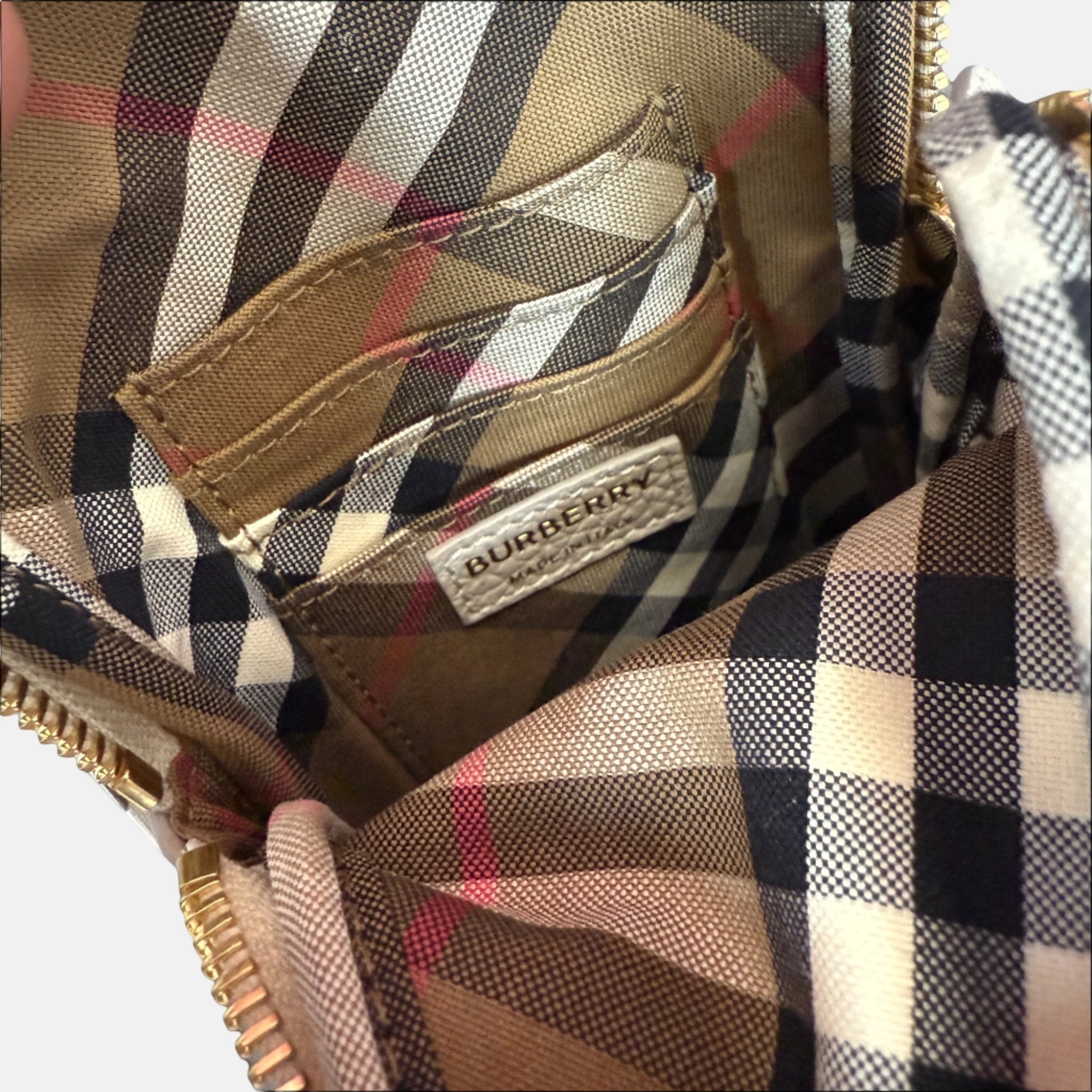 Burberry Phone Pouch Check Strap Grained Leather Limestone | Studio DOS