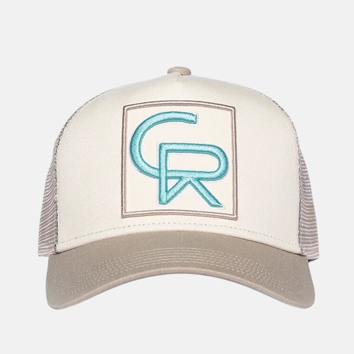Christian Rose CR Box Logo Trucker Cap Taupe Cream Blue | Studio DOS