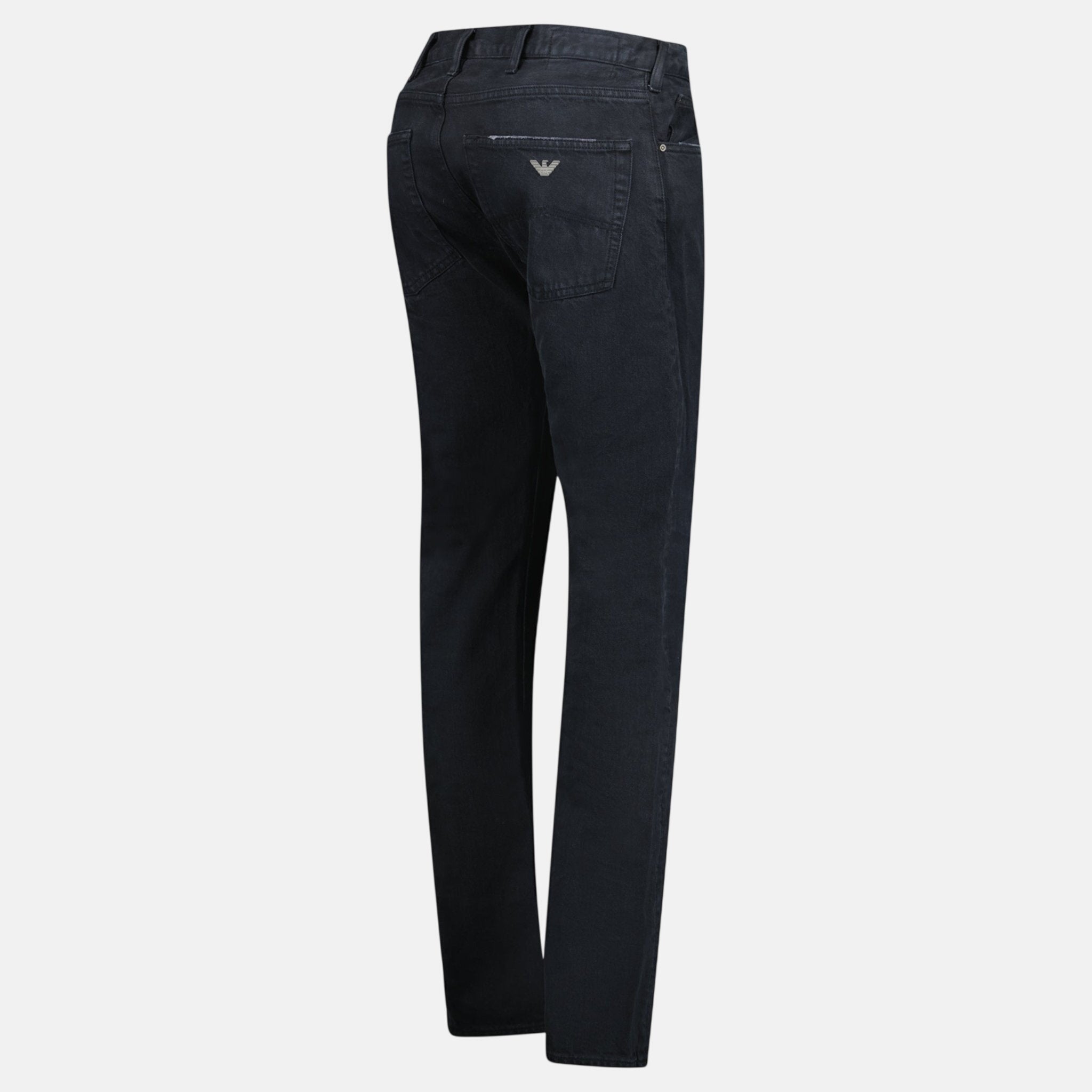 Emporio Armani J45 Slim Fit 5 Pocket Silver Logo Distressed Patch Jeans Black | Studio DOS