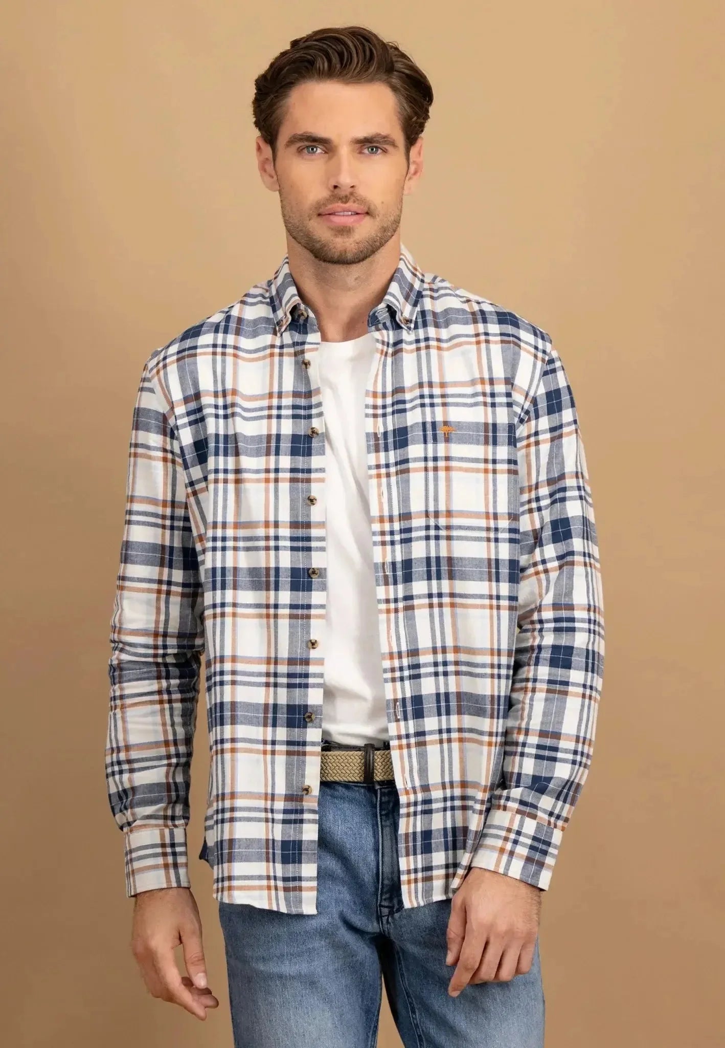 Fynch-Hatton Herringbone Check Button Down Shirt Misty Blue