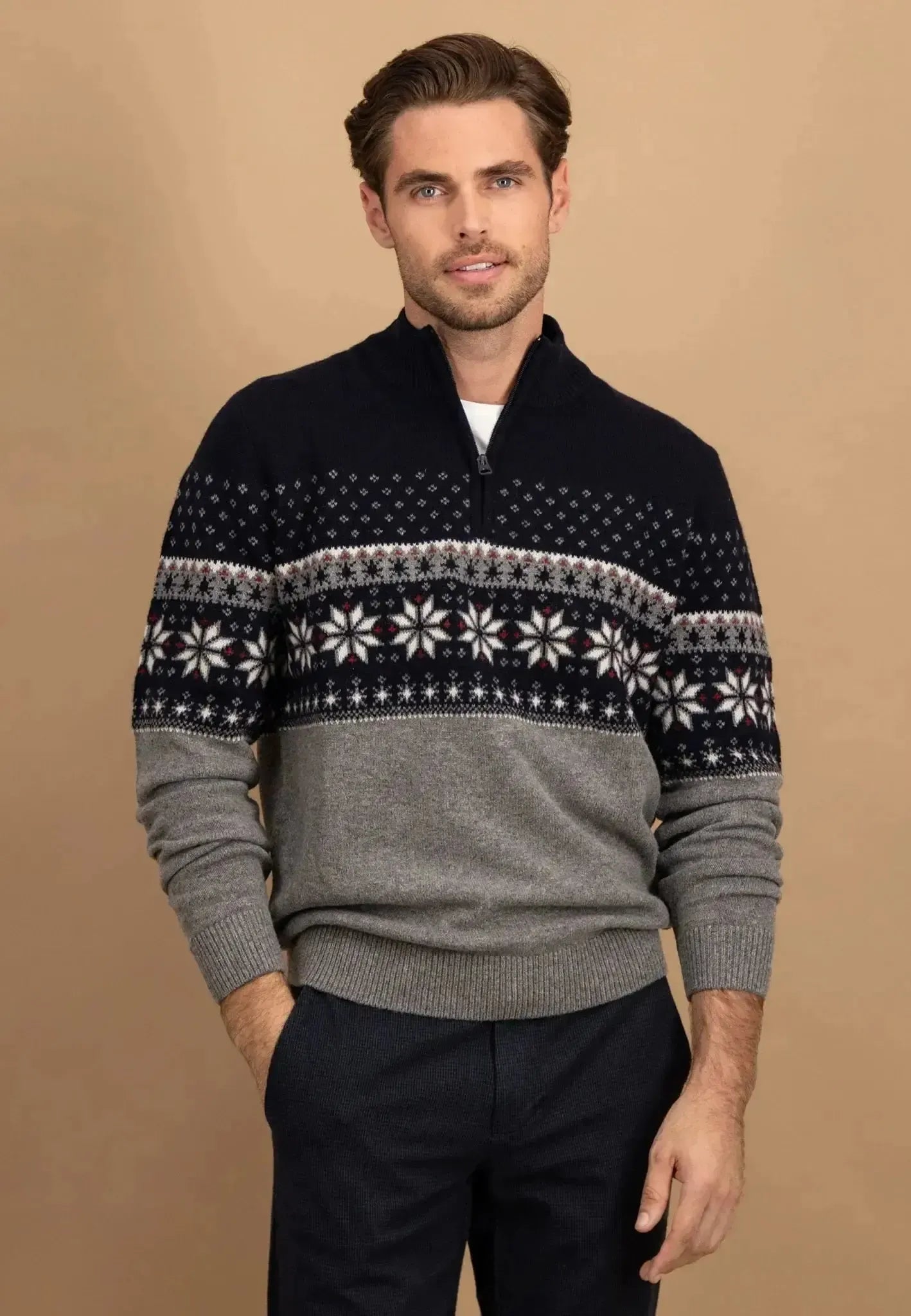 Fynch - Hatton Mens Fair Isle Lambswool 1/4 Zip Knit Navy | Studio DOS