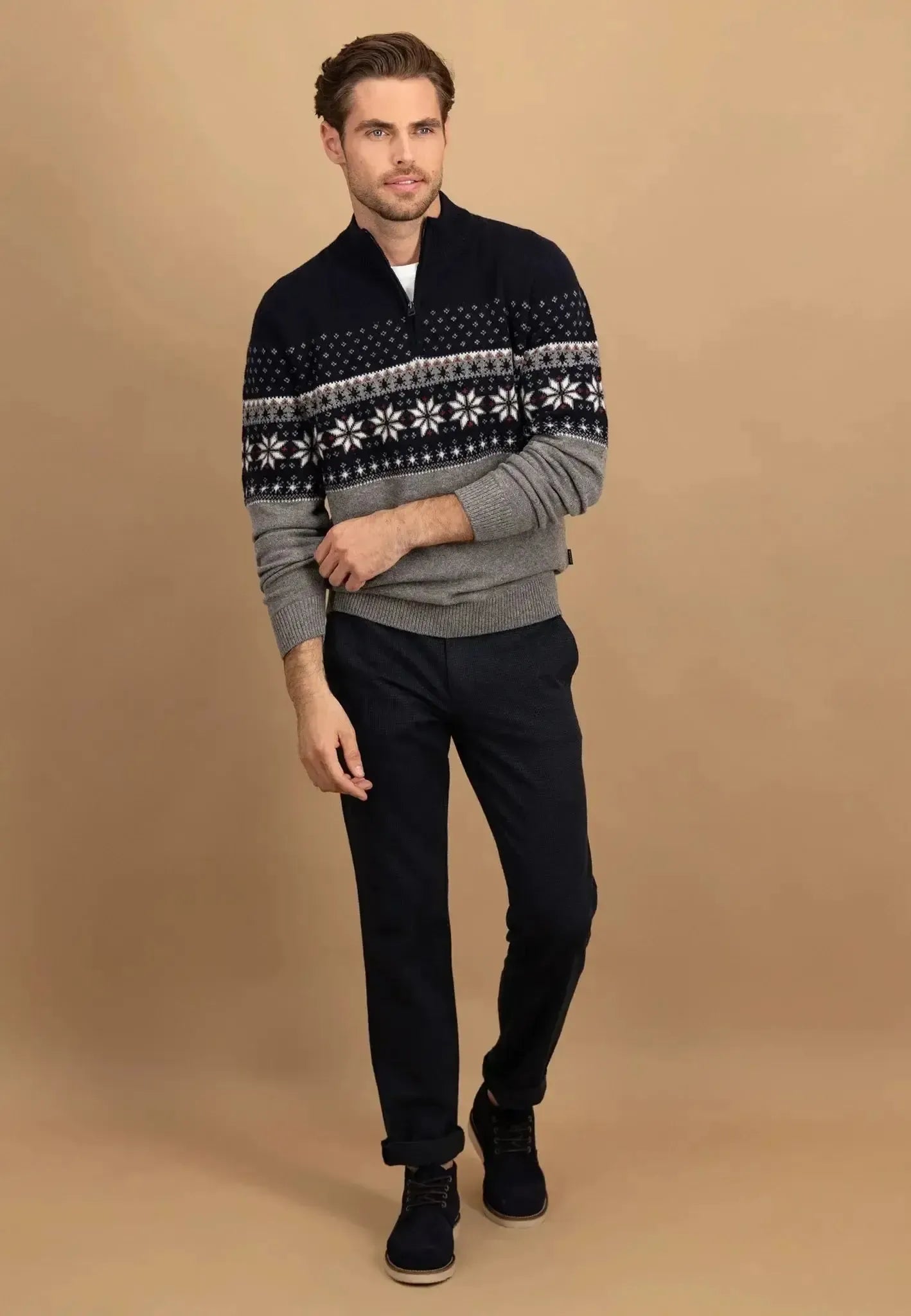 Fynch - Hatton Mens Fair Isle Lambswool 1/4 Zip Knit Navy | Studio DOS