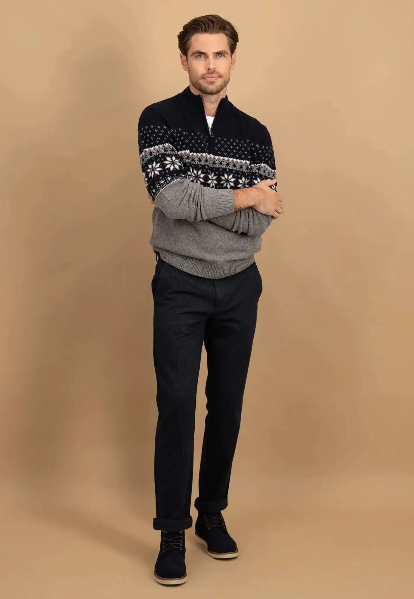 Fynch - Hatton Mens Fair Isle Lambswool 1/4 Zip Knit Navy | Studio DOS