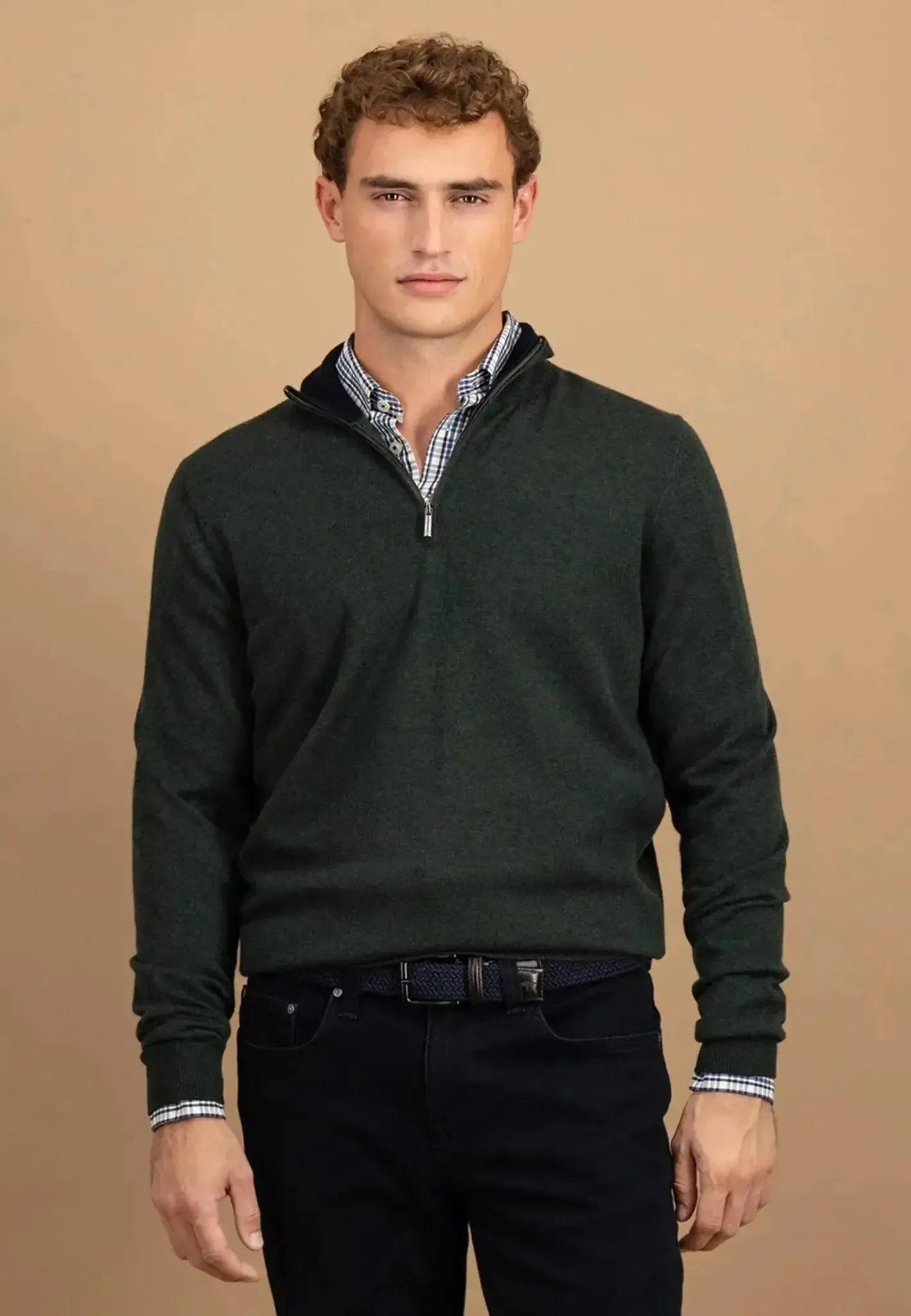 Fynch - Hatton Mens Merino Wool Cashmere 1/4 Zip Knit Dark Ivy | Studio DOS