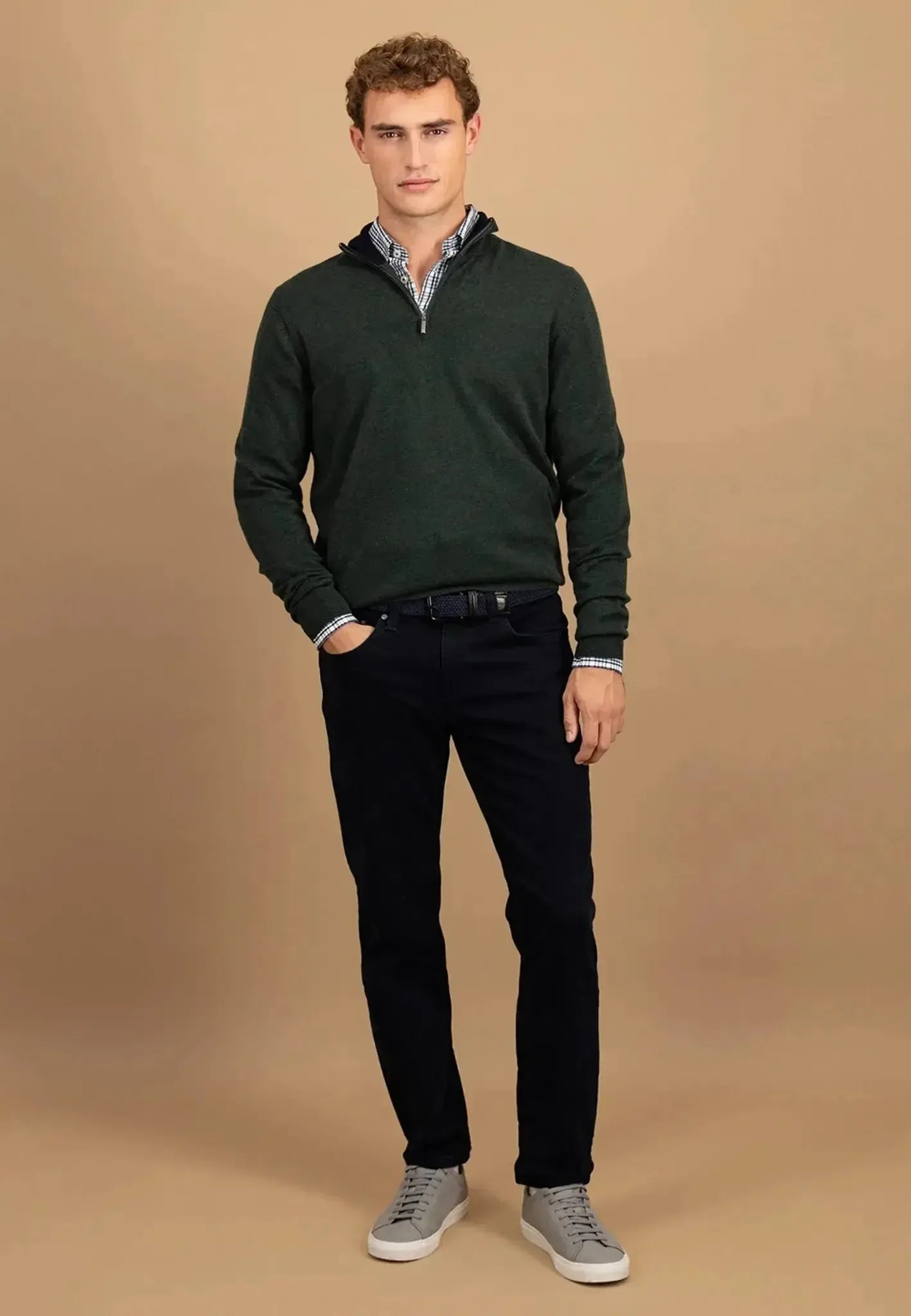 Fynch - Hatton Mens Merino Wool Cashmere 1/4 Zip Knit Dark Ivy | Studio DOS