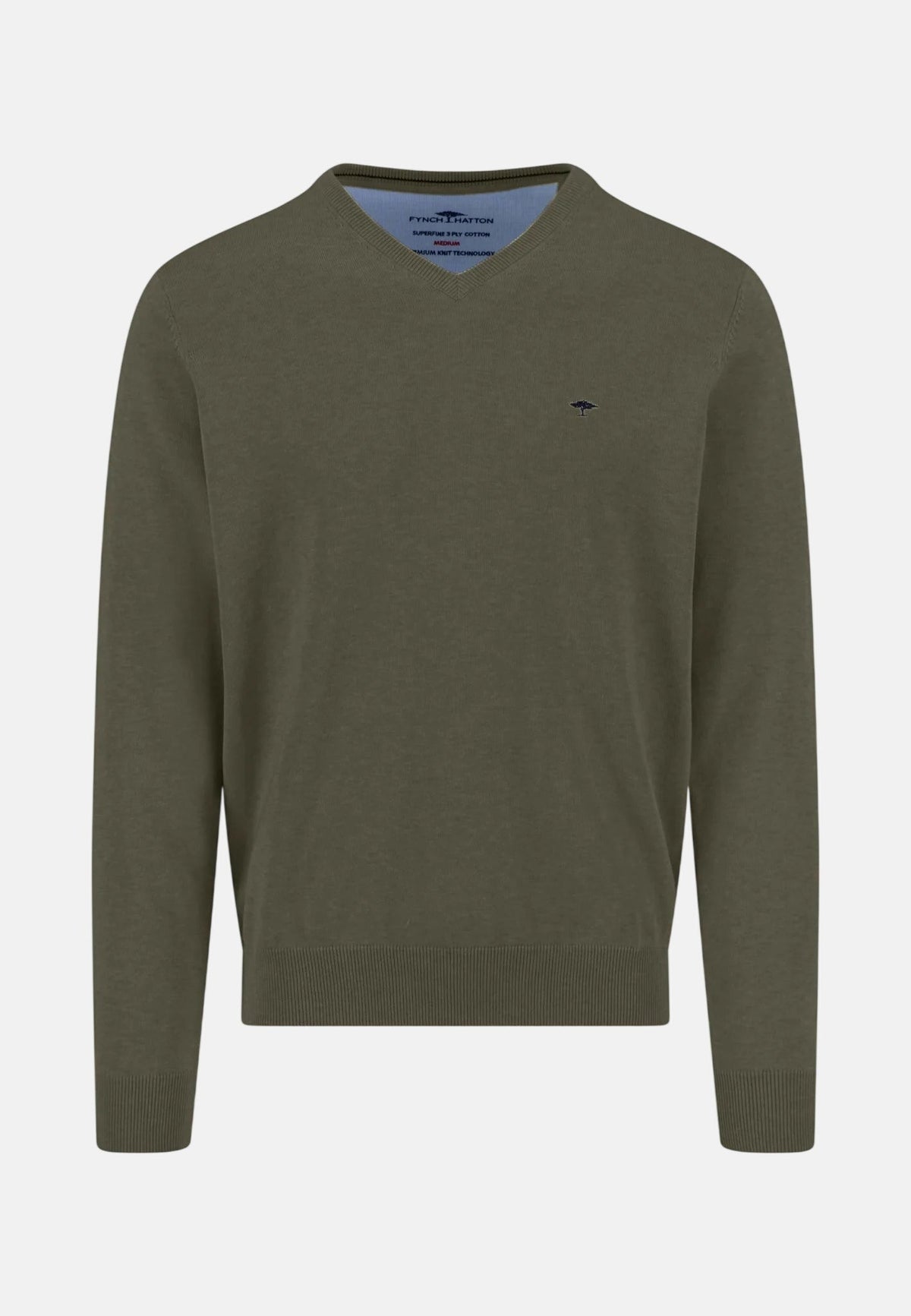 Fynch-Hatton V-Neck Fine Knit Cotton Sweater Dark Khaki | Studio DOS
