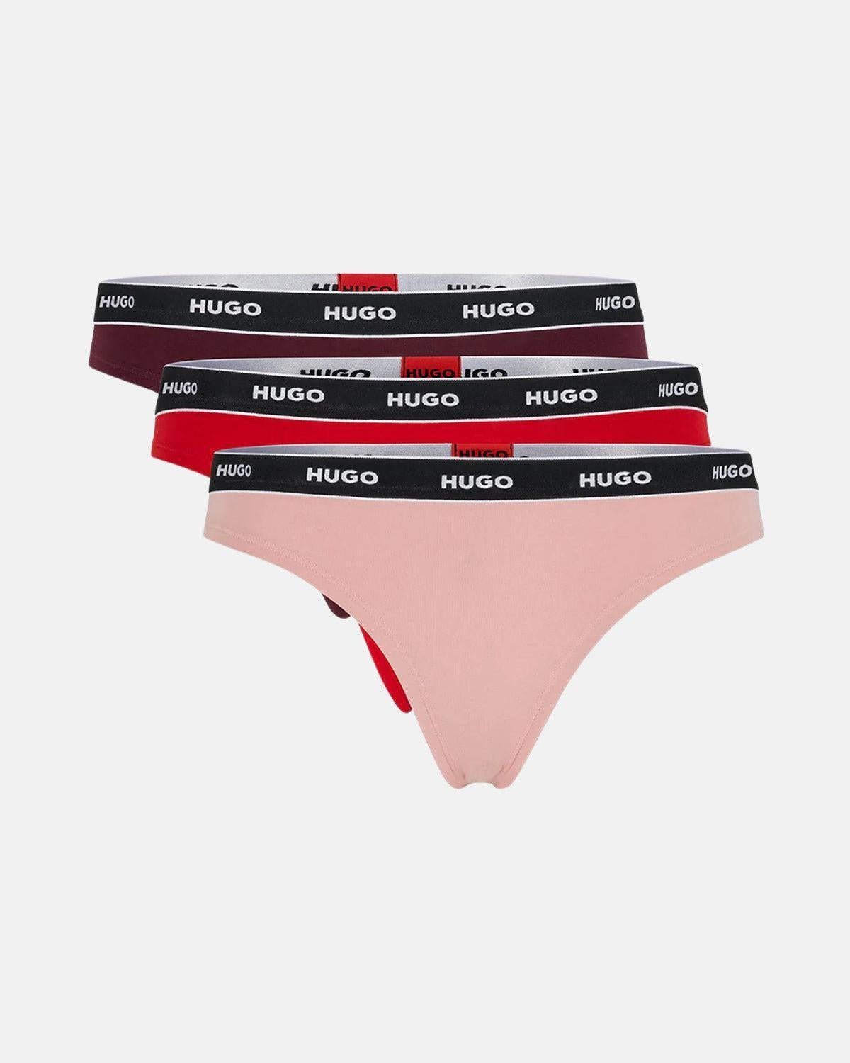 HUGO WOMENS 3 PACK THONGS BURGUNDY RED PINK | Studio DOS