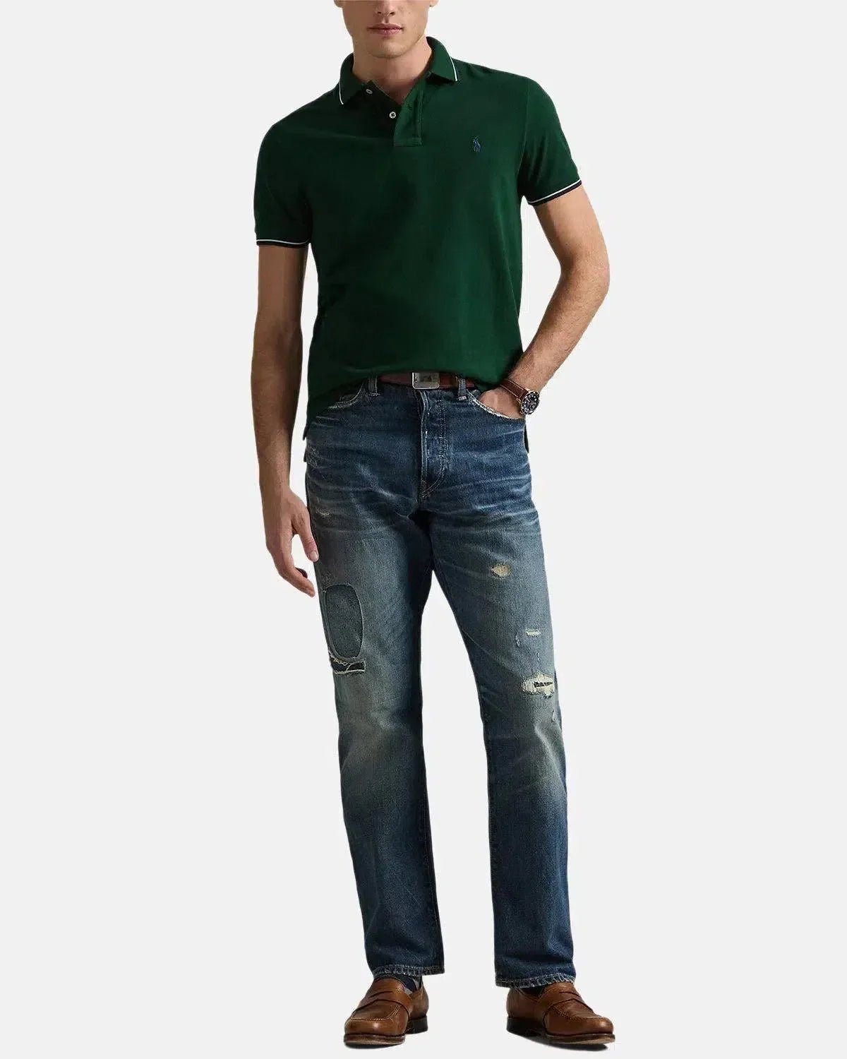 RALPH LAUREN CUSTOM SLIM FIT MESH TIPPED POLO SHIRT MOSS | Studio DOS