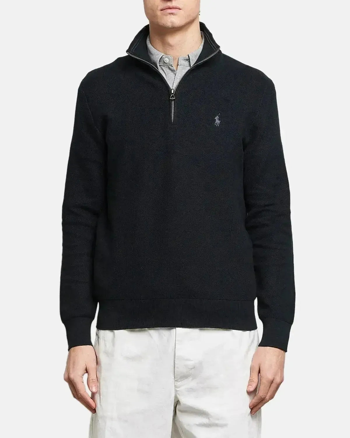 RALPH LAUREN MESH KNIT COTTON 1/4 ZIP KNIT BLACK | Studio DOS