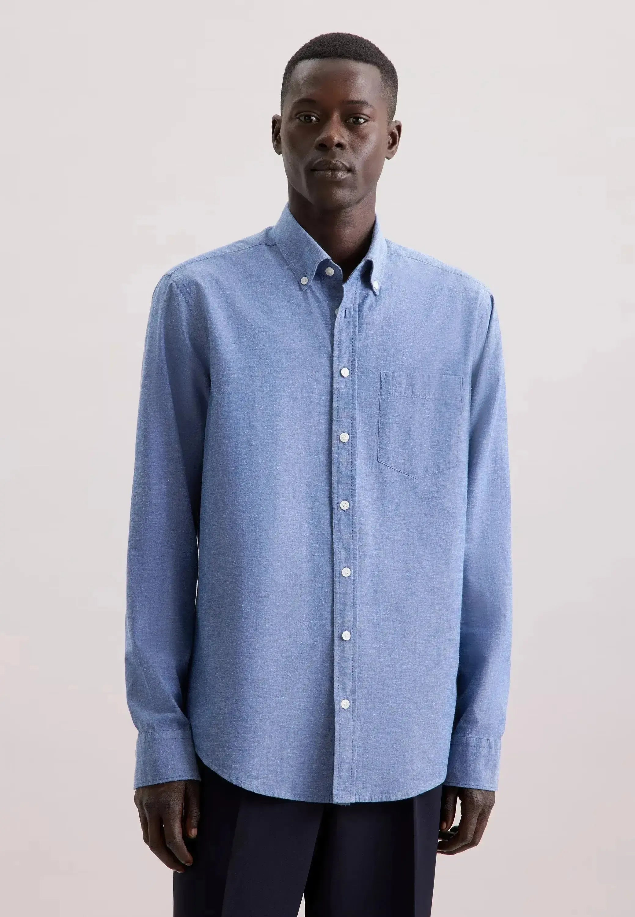 Seidensticker Mens Regular Fit Button Down Linen Blend Chambray Shirt Mid Blue | Studio DOS