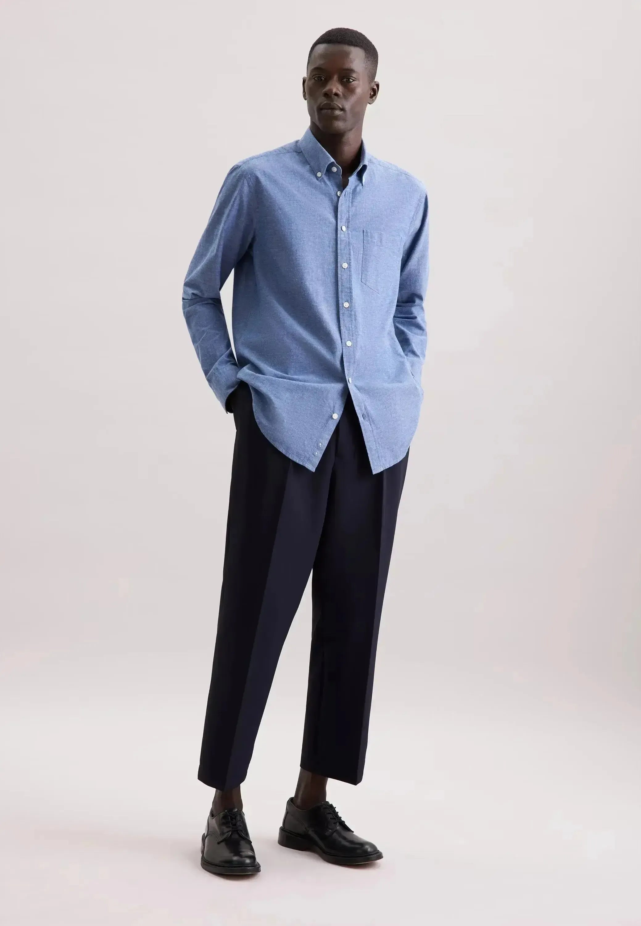 Seidensticker Mens Regular Fit Button Down Linen Blend Chambray Shirt Mid Blue | Studio DOS