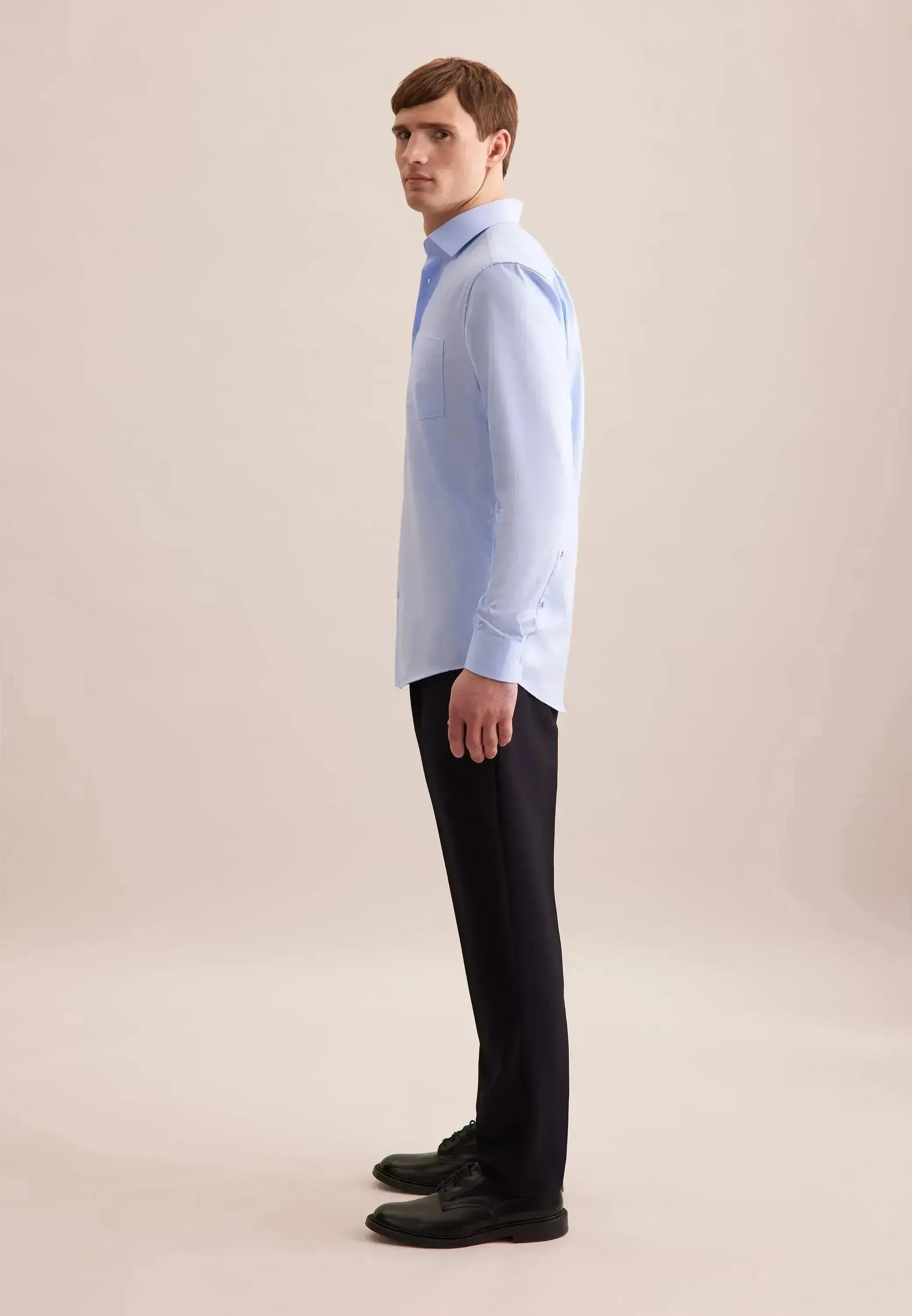 Seidensticker Mens Regular Fit No Iron Business Kent Contrast Patch Business Shirt Light Blue | Studio DOS