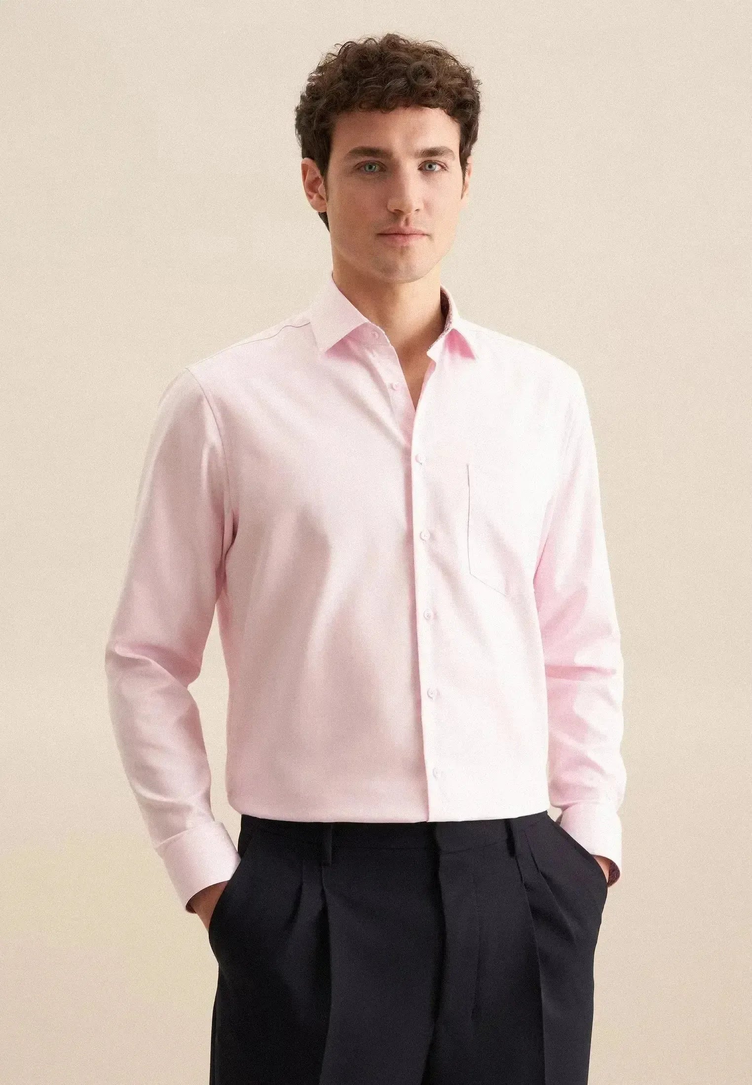 Seidensticker Mens Regular Fit No Iron Business Kent Contrast Patch Business Shirt Pink | Studio DOS