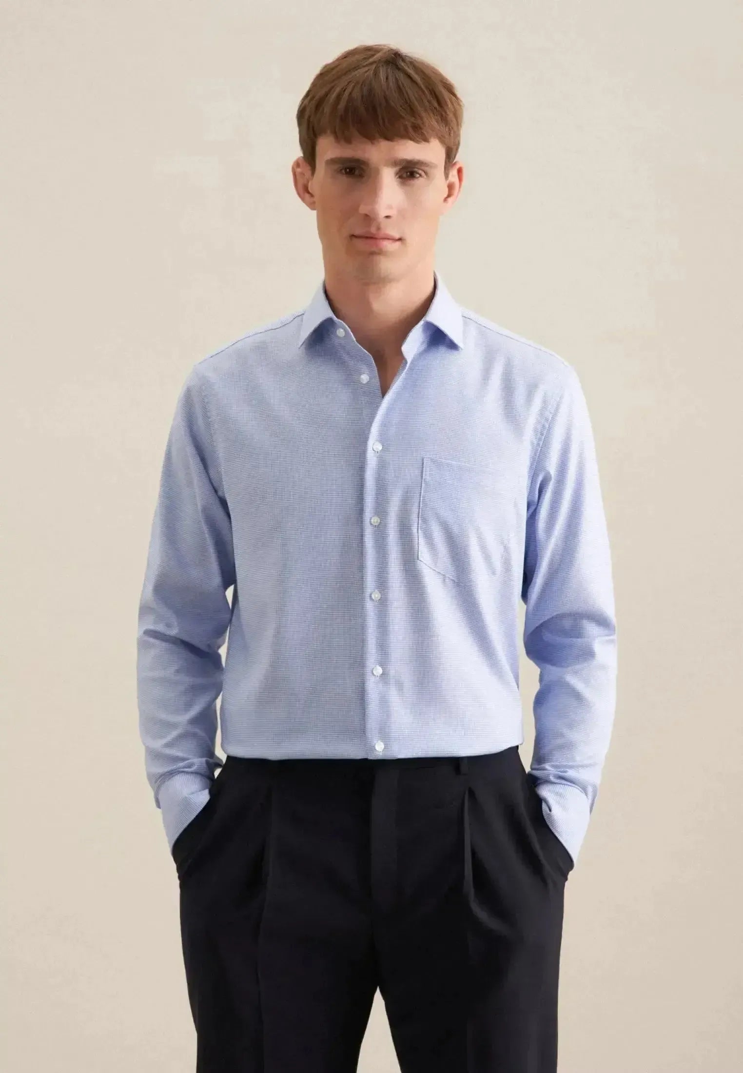 Seidensticker Mens Regular Fit No Iron New Kent Structured Business Shirt Light Blue | Studio DOS