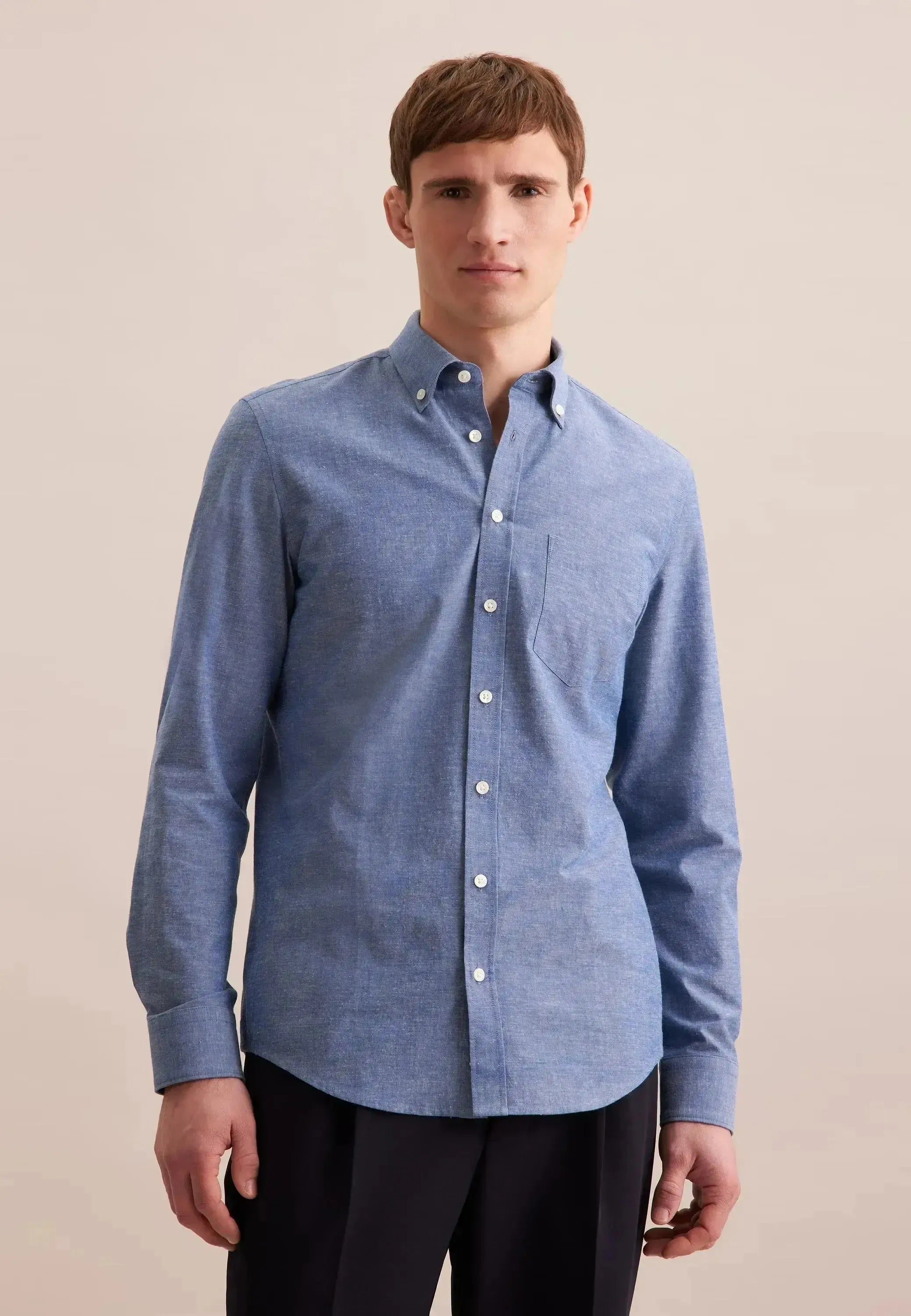 Seidensticker Mens Slim Fit Button Down Linen Blend Chambray Shirt Mid Blue | Studio DOS