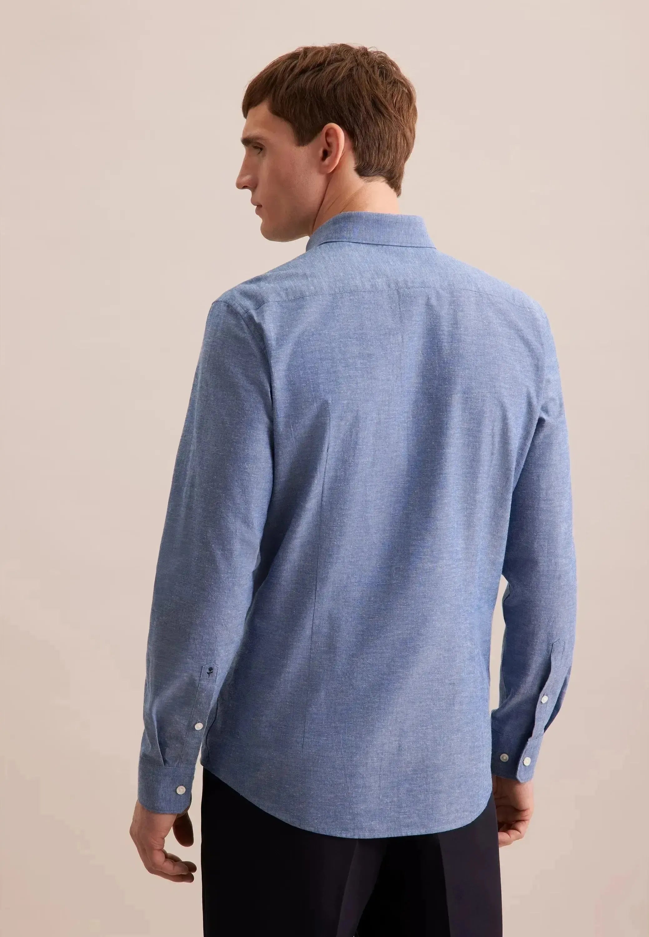 Seidensticker Mens Slim Fit Button Down Linen Blend Chambray Shirt Mid Blue | Studio DOS