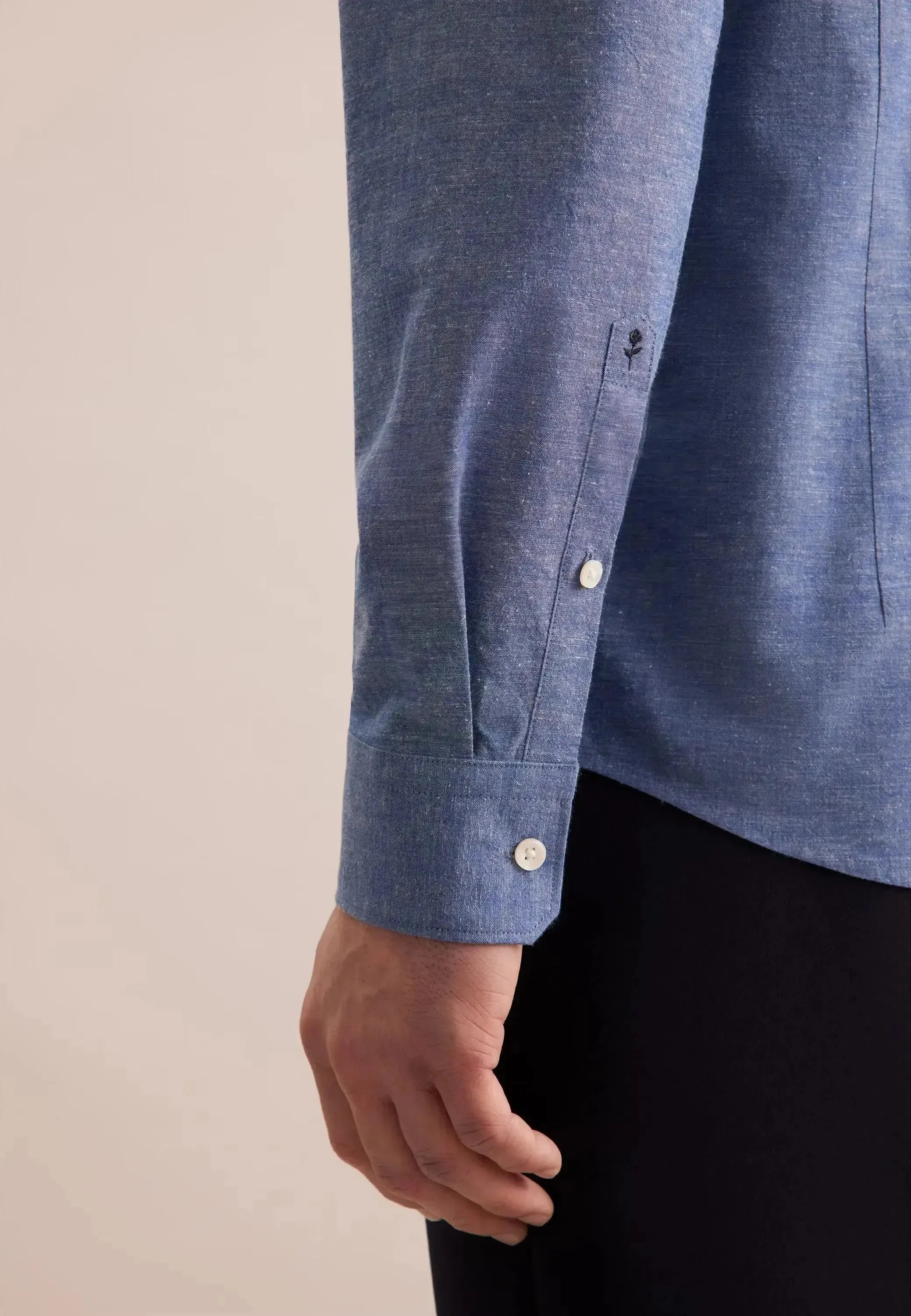 Seidensticker Mens Slim Fit Button Down Linen Blend Chambray Shirt Mid Blue | Studio DOS