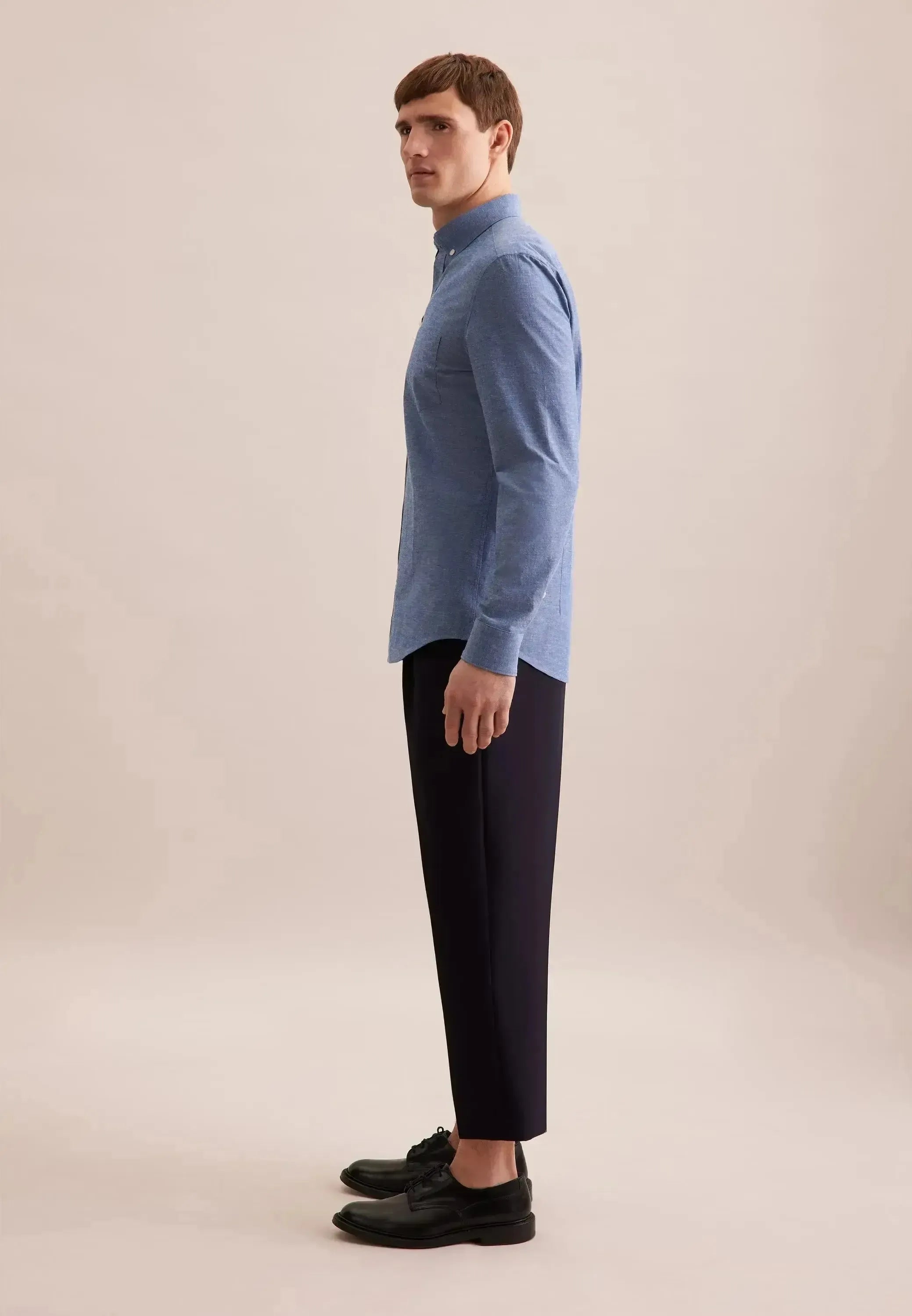 Seidensticker Mens Slim Fit Button Down Linen Blend Chambray Shirt Mid Blue | Studio DOS