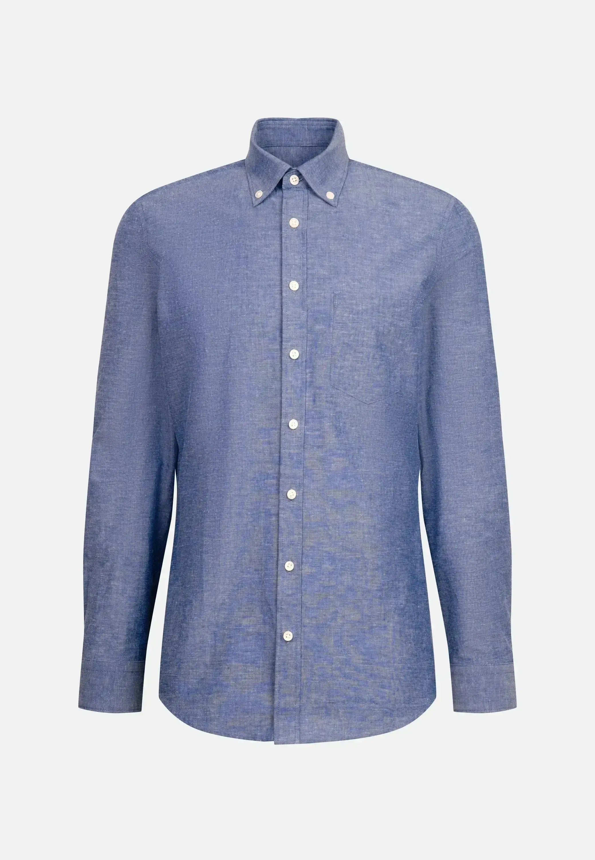 Seidensticker Mens Slim Fit Button Down Linen Blend Chambray Shirt Mid Blue | Studio DOS