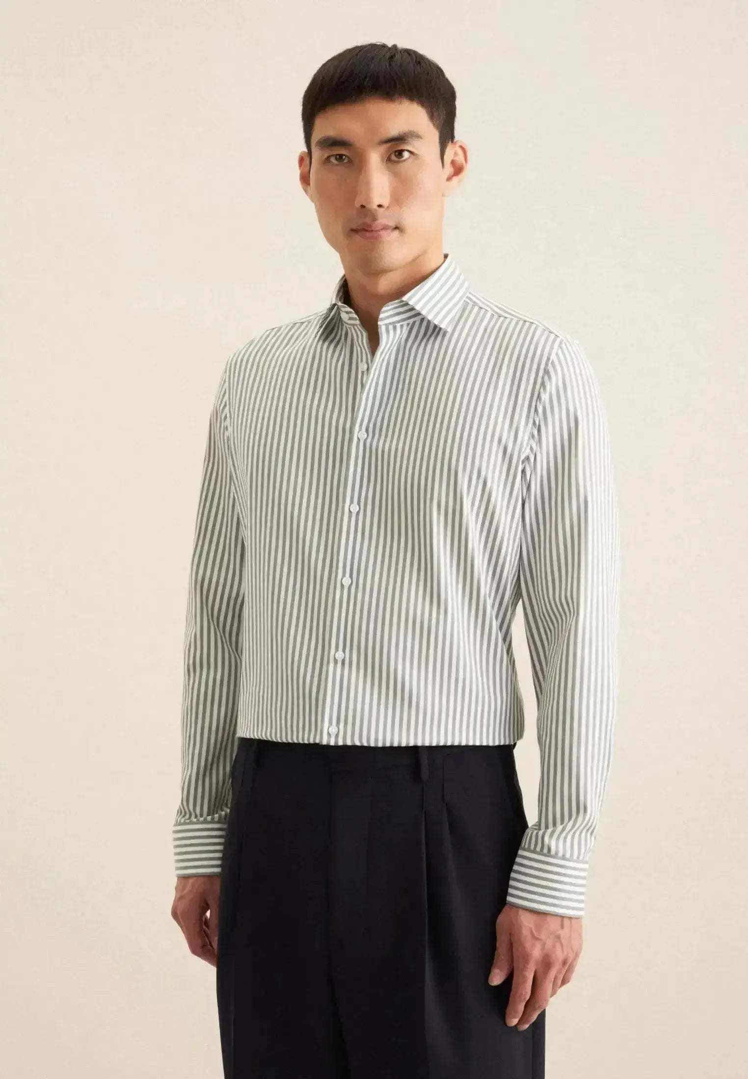 Seidensticker Mens Slim Fit No Iron New Kent Striped Business Shirt Mid Green | Studio DOS