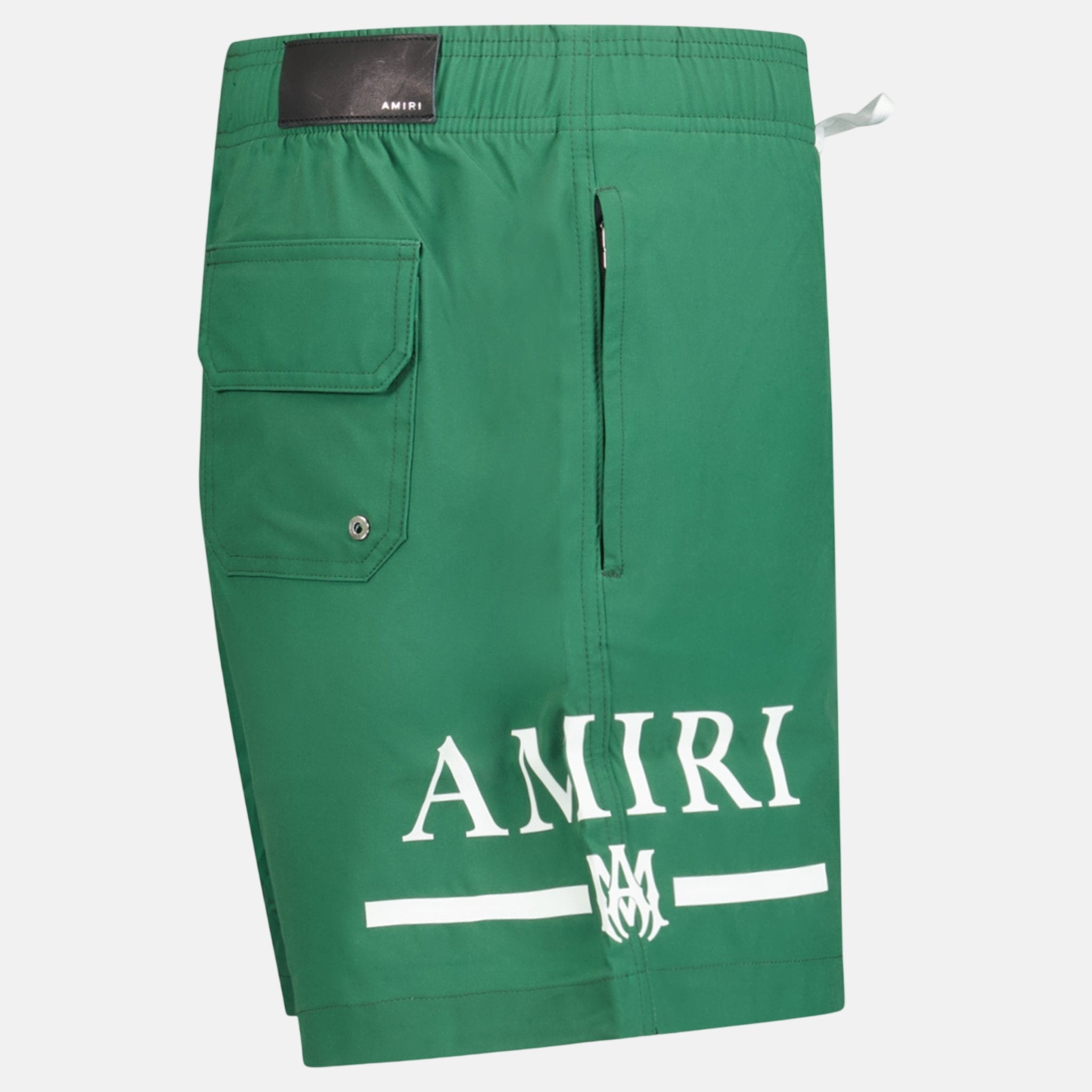 Amiri Ma Bar White Logo Drawstring Swim Shorts Military Green | Studio DOS