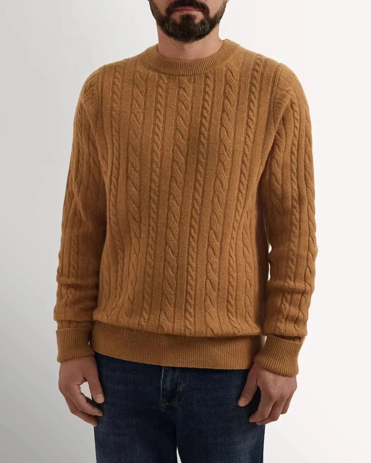 Bernard Weatherill Lambswool Crewneck Cable Knit Camel | Studio DOS