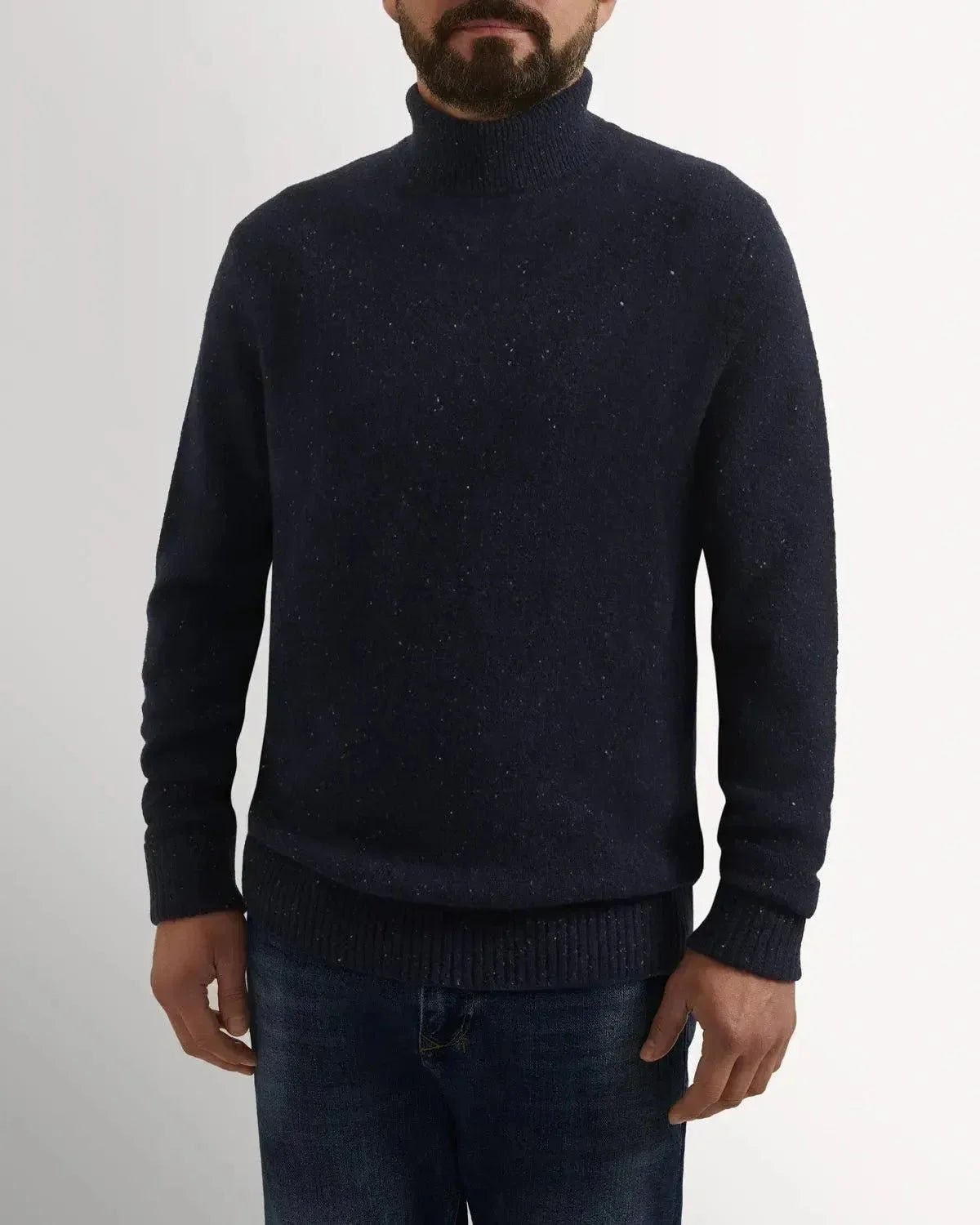 Bernard Weatherill Plain Roll Neck Knit Melange Tweed Navy Flec | Studio DOS