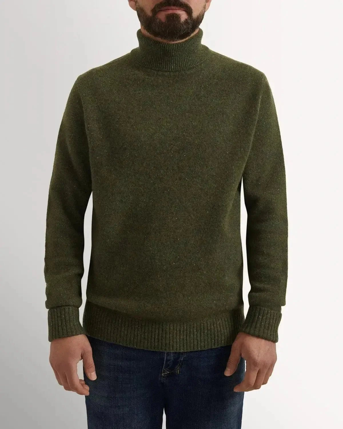 Bernard Weatherill Plain Roll Neck Knit Melange Tweed Thyme Flec | Studio DOS