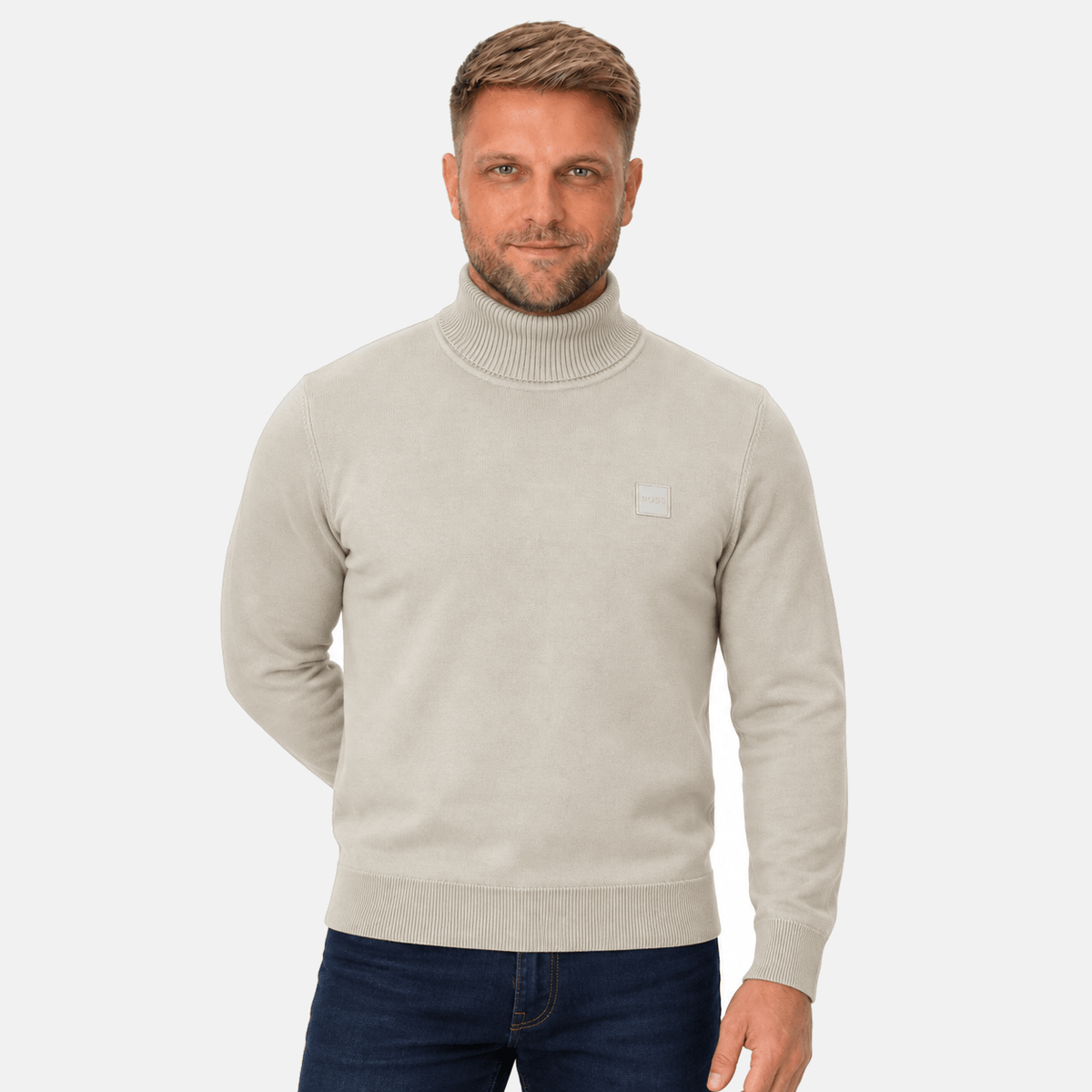 BOSS Akiro Roll Neck Logo Jumper Light Natural | Studio DOS