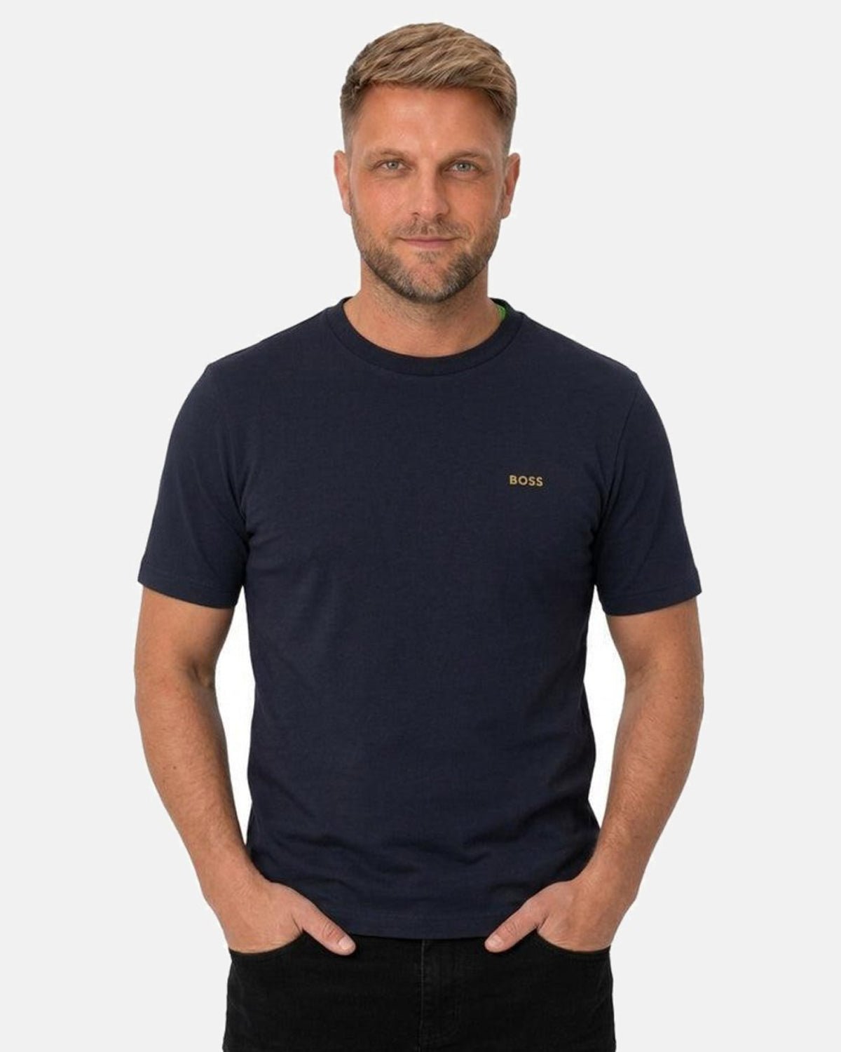 BOSS Crew Neck Tee T-Shirt Dark Blue Gold Logo | Studio DOS