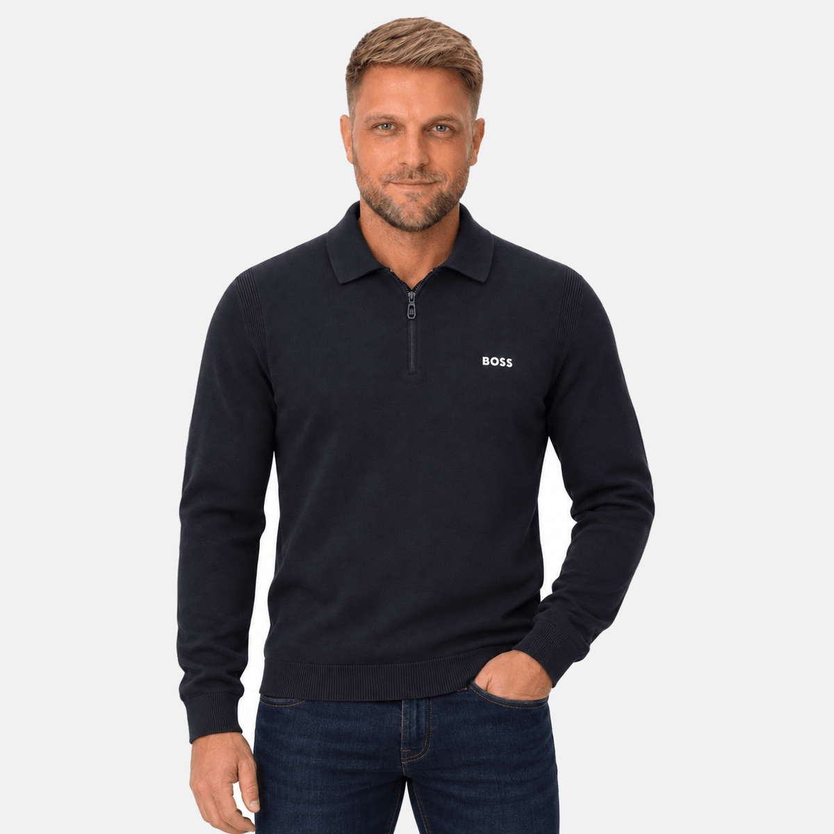 BOSS Ever Knitted Zip Neck Polo Shirt Navy | Studio DOS