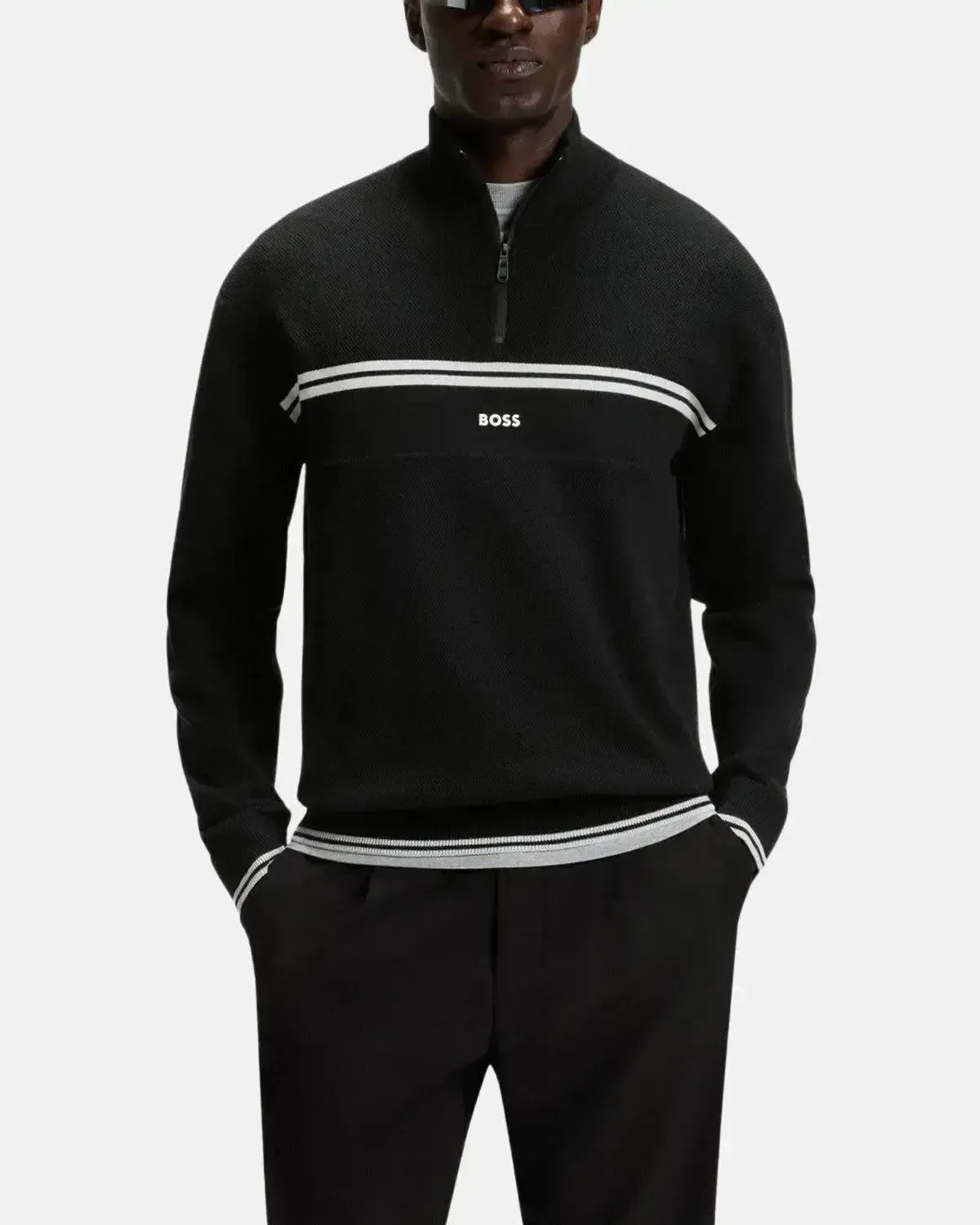 BOSS MENS K - ZONE STRIPE DETAIL 1/4 ZIP KNIT BLACK | Studio DOS