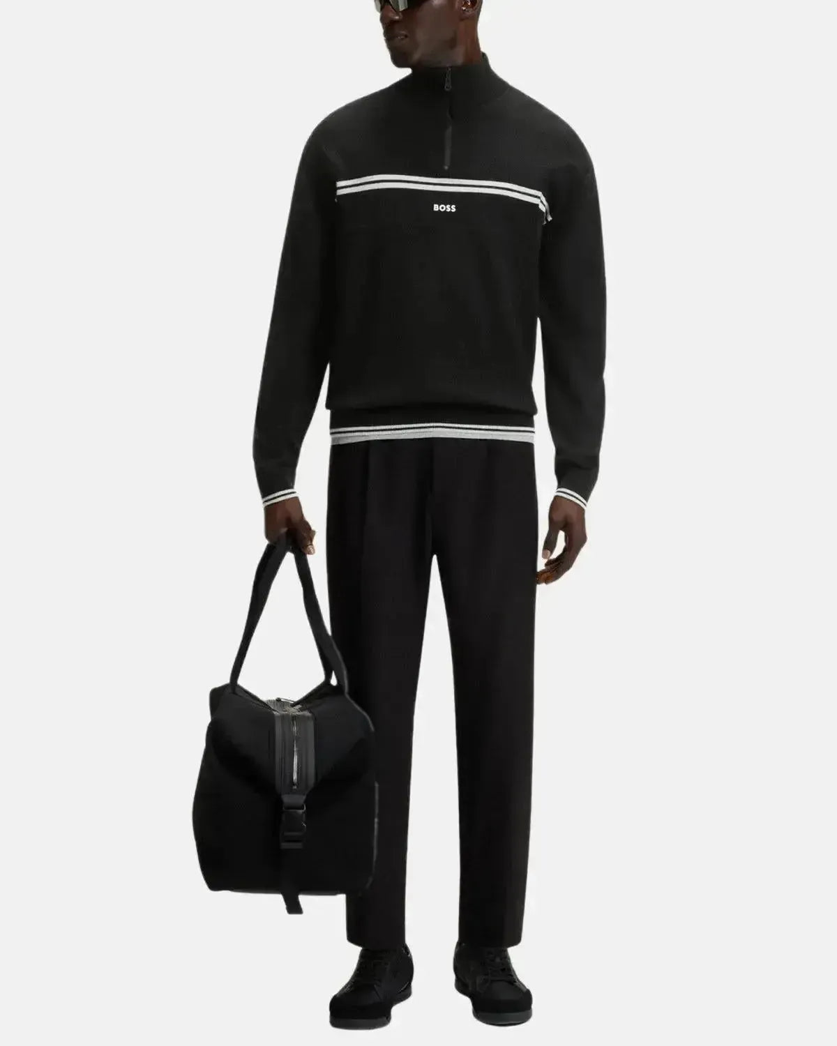 BOSS MENS K - ZONE STRIPE DETAIL 1/4 ZIP KNIT BLACK | Studio DOS