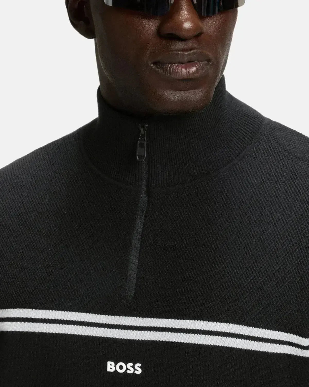 BOSS MENS K - ZONE STRIPE DETAIL 1/4 ZIP KNIT BLACK | Studio DOS