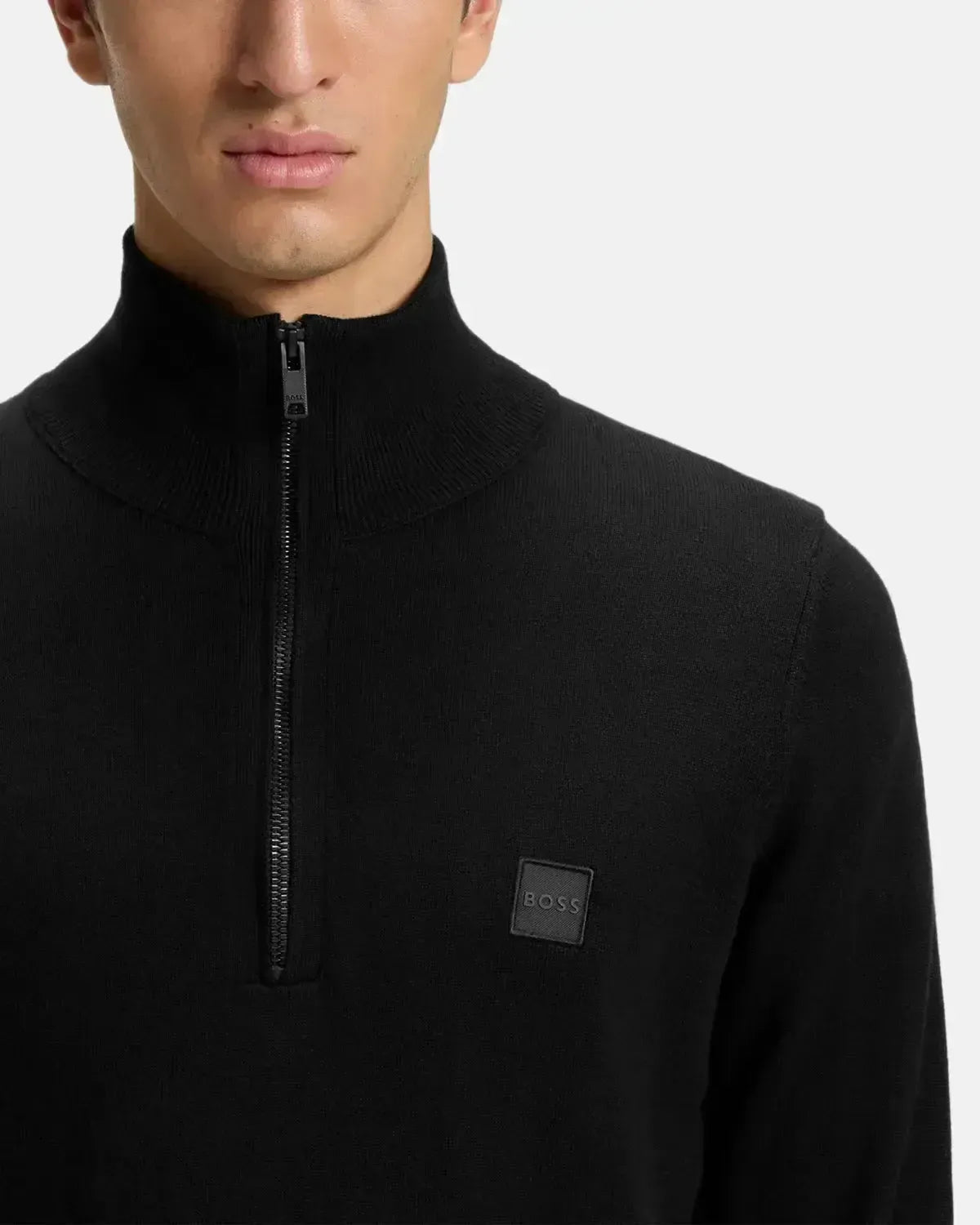BOSS MENS KANOBIX 1/4 ZIP COTTON CASHMERE KNIT BLACK | Studio DOS