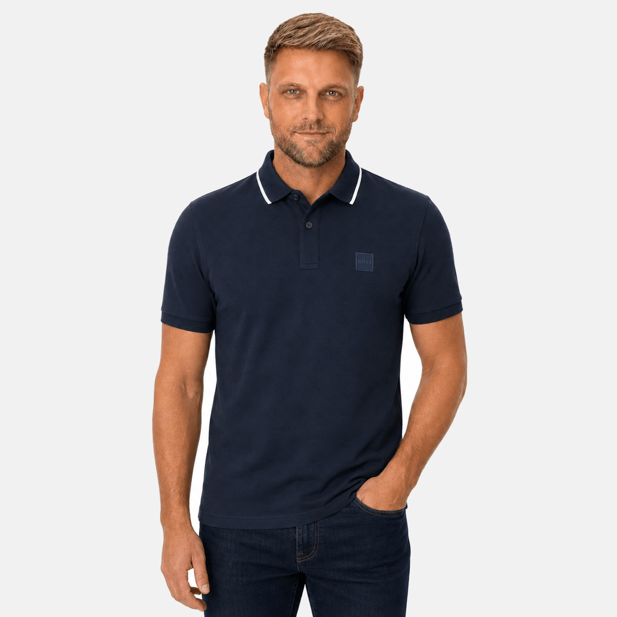BOSS Slim Fit Passertip Polo Shirt Navy Blue/White | Studio DOS
