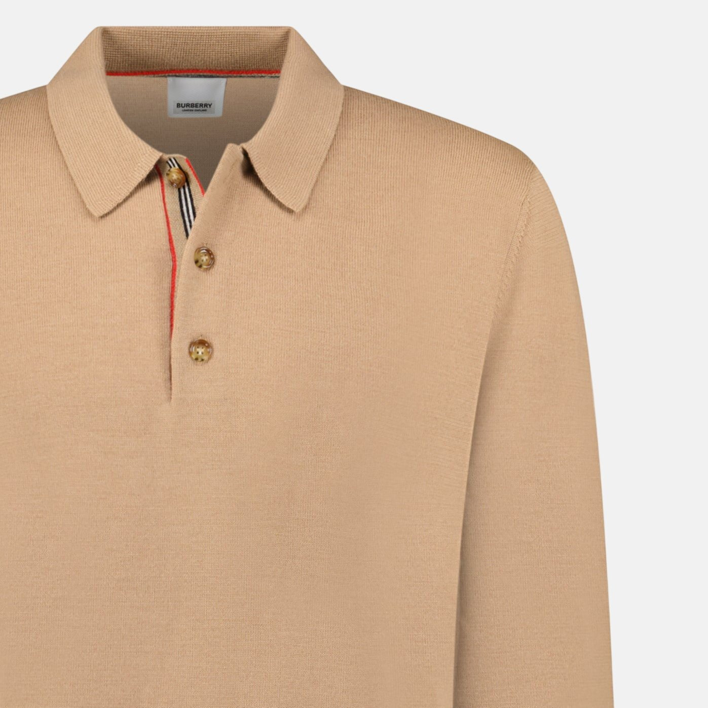 Burberry 'Pace' Signature Stripe Long Sleeved Wool Polo Shirt Camel | Studio DOS