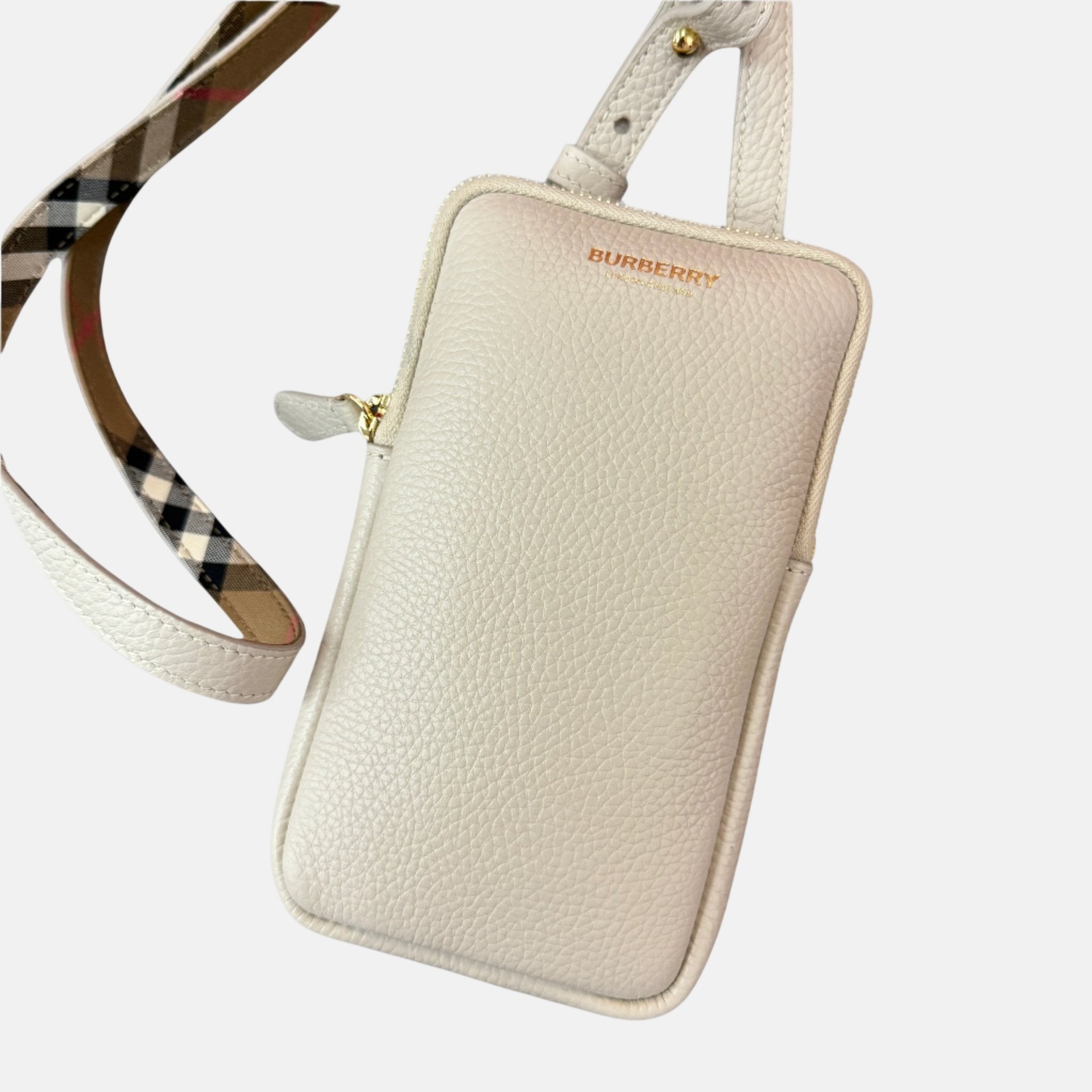 Burberry Phone Pouch Check Strap Grained Leather Limestone | Studio DOS