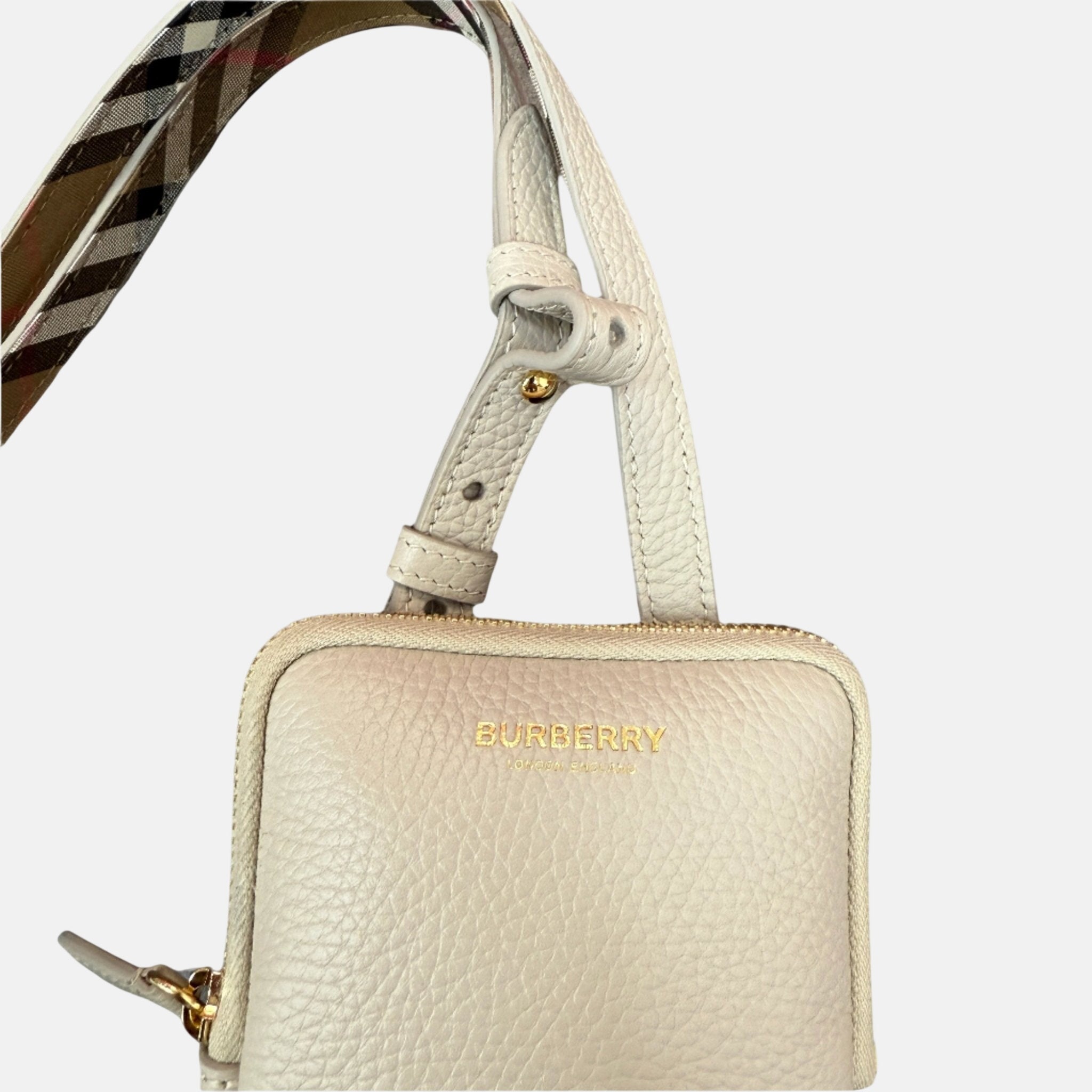 Burberry Phone Pouch Check Strap Grained Leather Limestone | Studio DOS