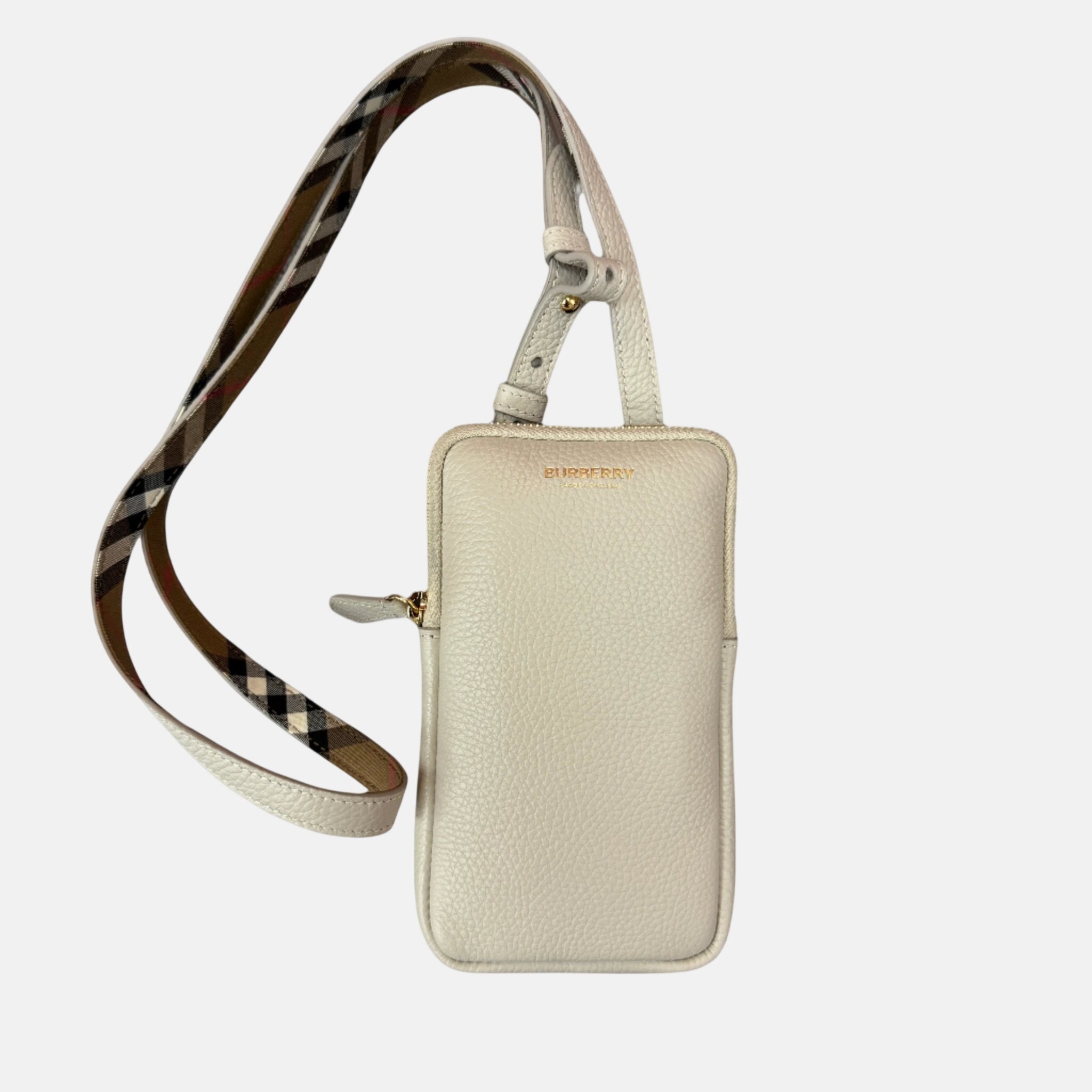 Burberry Phone Pouch Check Strap Grained Leather Limestone | Studio DOS