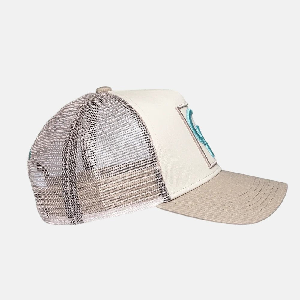 Christian Rose CR Box Logo Trucker Cap Taupe Cream Blue | Studio DOS