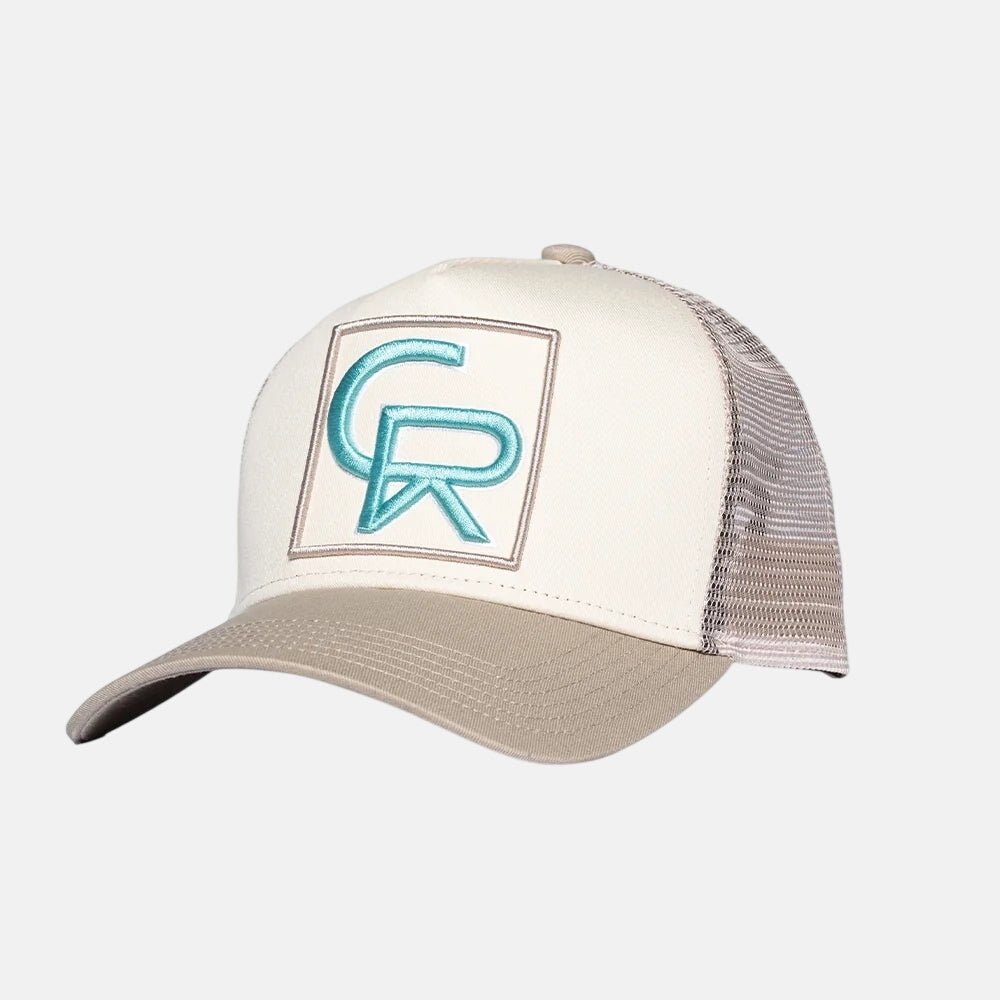 Christian Rose CR Box Logo Trucker Cap Taupe Cream Blue | Studio DOS