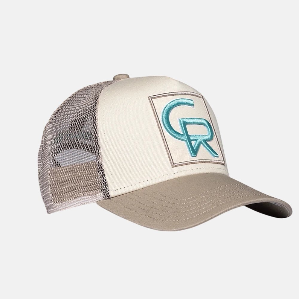 Christian Rose CR Box Logo Trucker Cap Taupe Cream Blue | Studio DOS