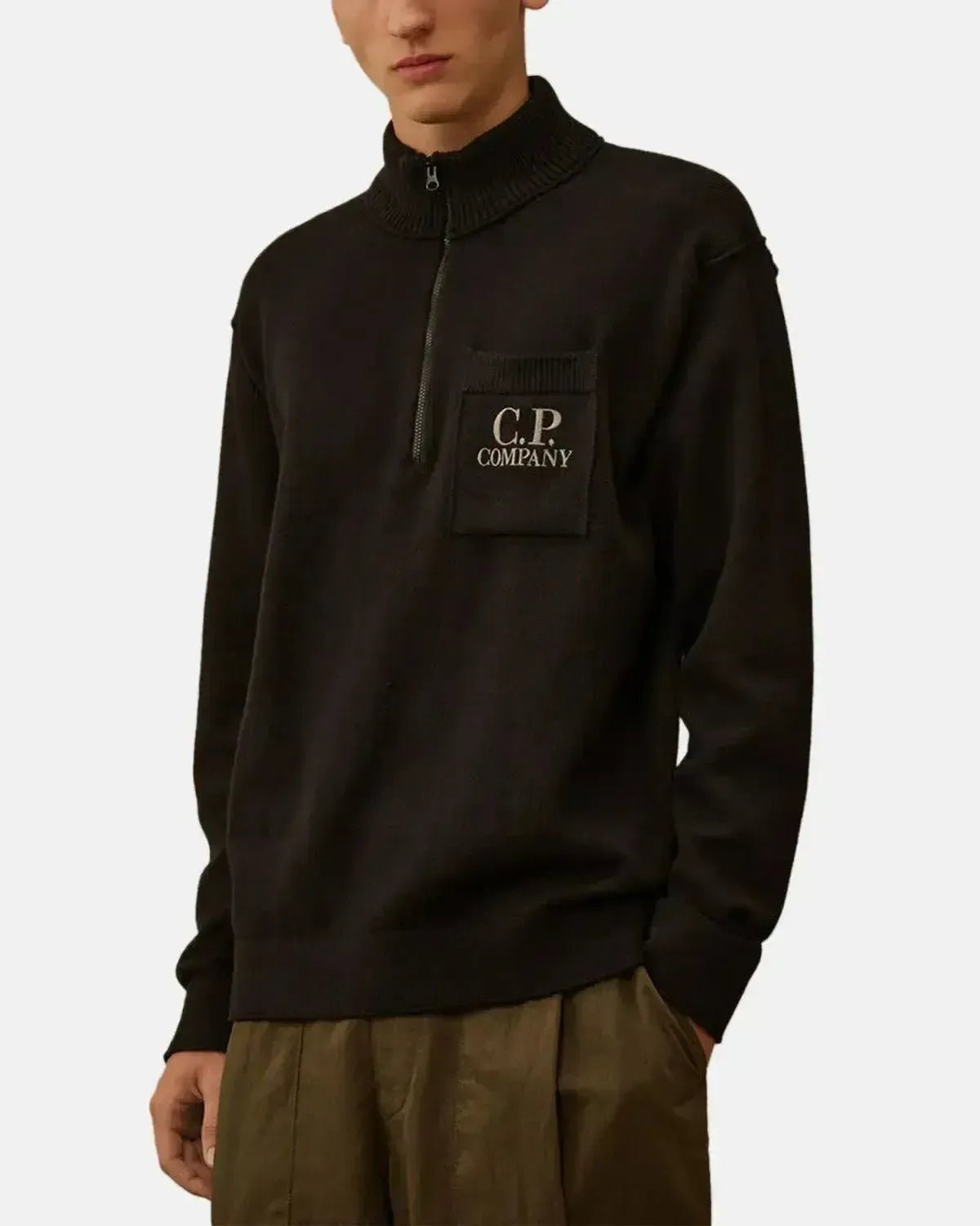 CP COMPANY MENS SOFT COTTON STRETCH CHEST POCKET 1/4 ZIP KNIT BLACK | Studio DOS