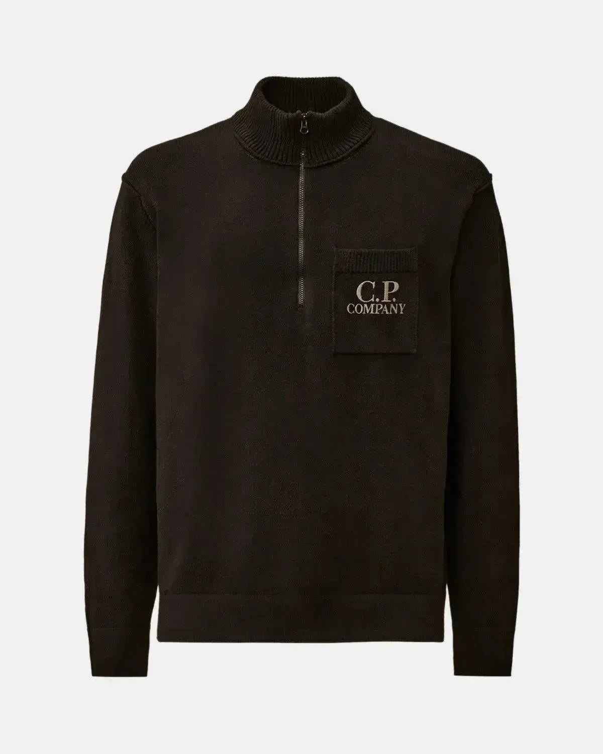 CP COMPANY MENS SOFT COTTON STRETCH CHEST POCKET 1/4 ZIP KNIT BLACK | Studio DOS