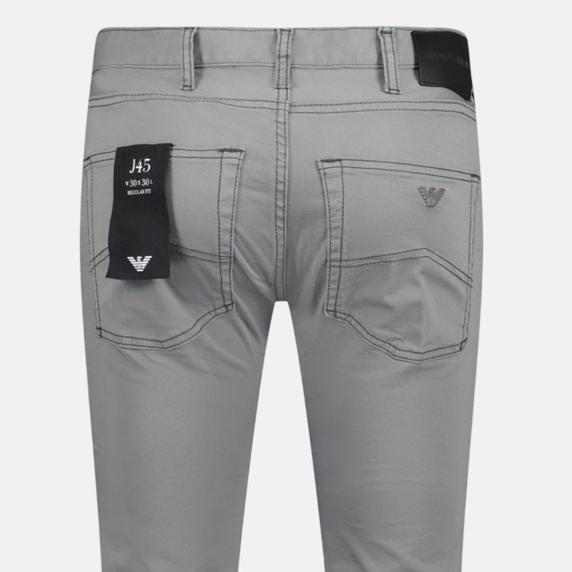 Emporio Armani J45 Slim Fit 5 Pocket Silver Eagle Black Belt Patch Jeans Grey | Studio DOS