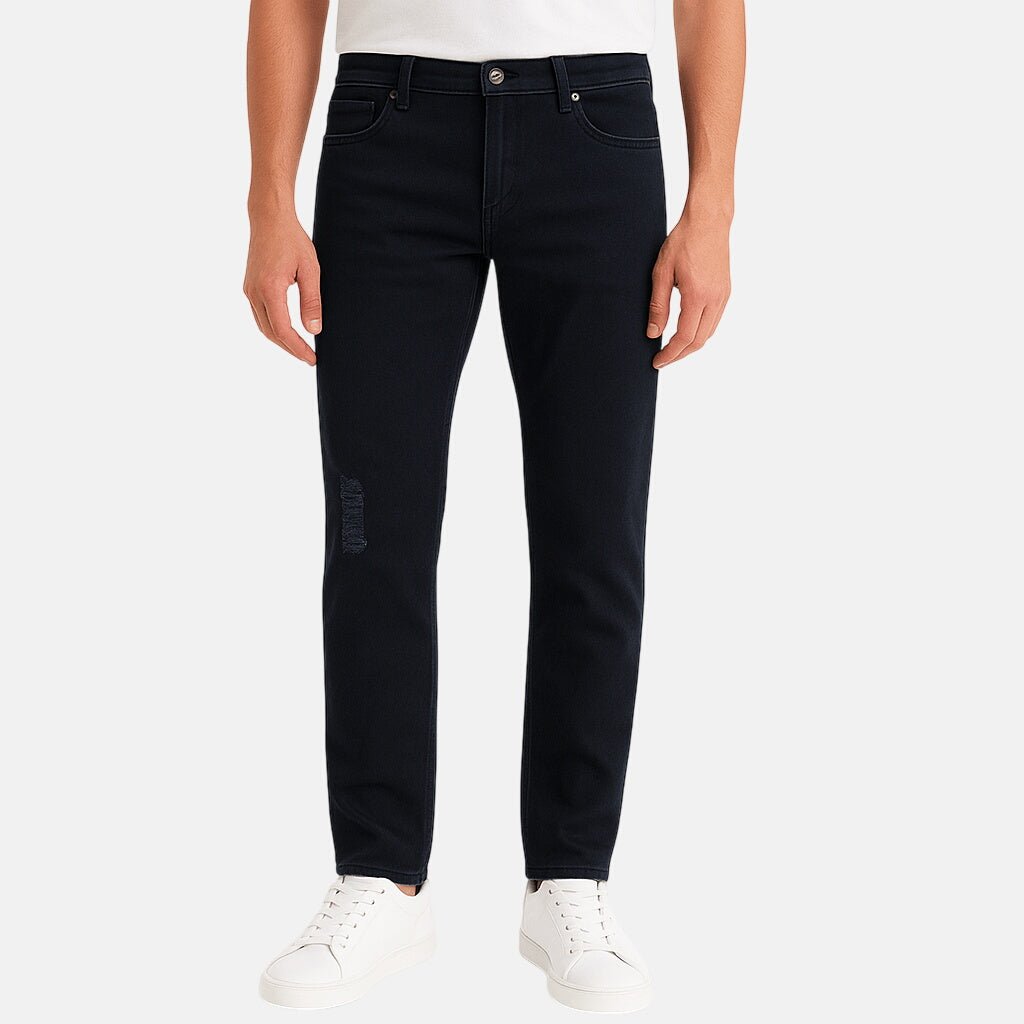 Emporio Armani J45 Slim Fit 5 Pocket Silver Logo Distressed Patch Jeans Black | Studio DOS